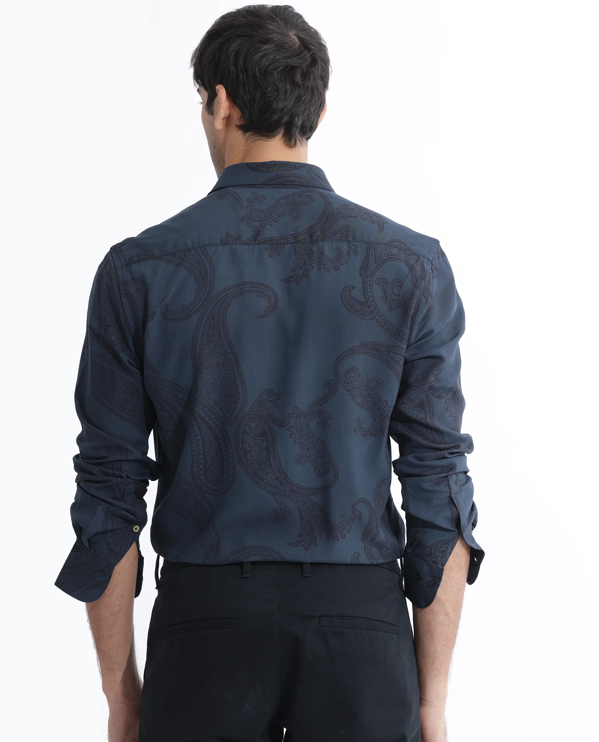 Rare Rabbit Men's Hera Blue Viscose Paisley Print Regular Fit Full Sleeve Collared Shirt - Image 8