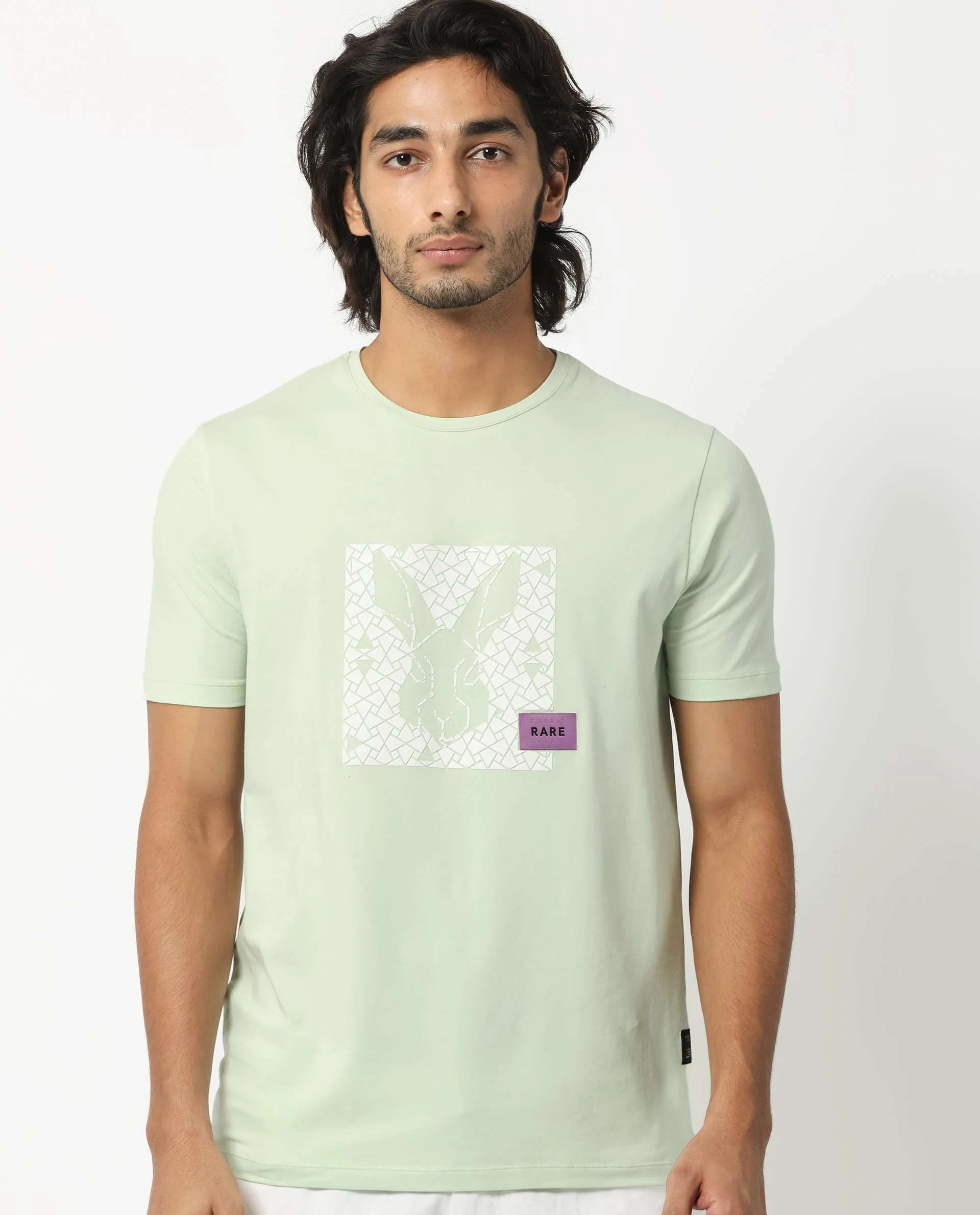 Rare Rabbit Men's Herald Light Green Cotton Graphic Print Slim Fit Half Sleeve Crew Neck T-Shirt - Image 2