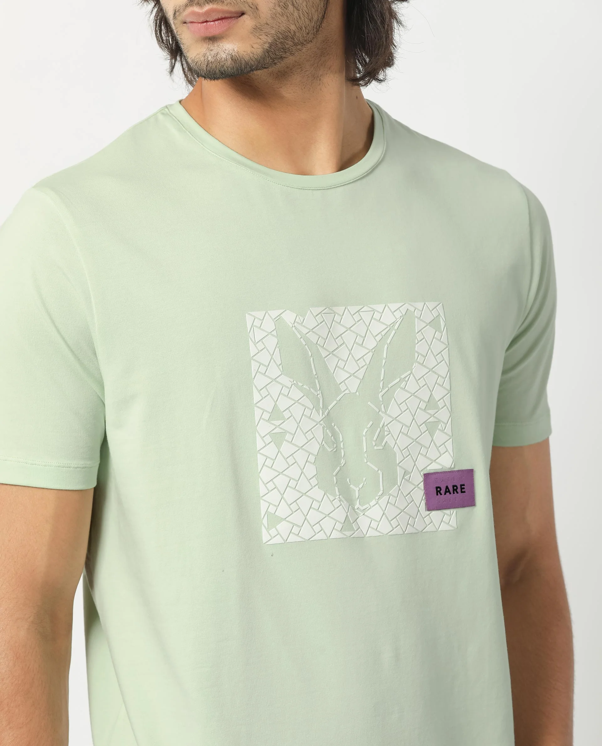 Rare Rabbit Men's Herald Light Green Cotton Graphic Print Slim Fit Half Sleeve Crew Neck T-Shirt - Image 3