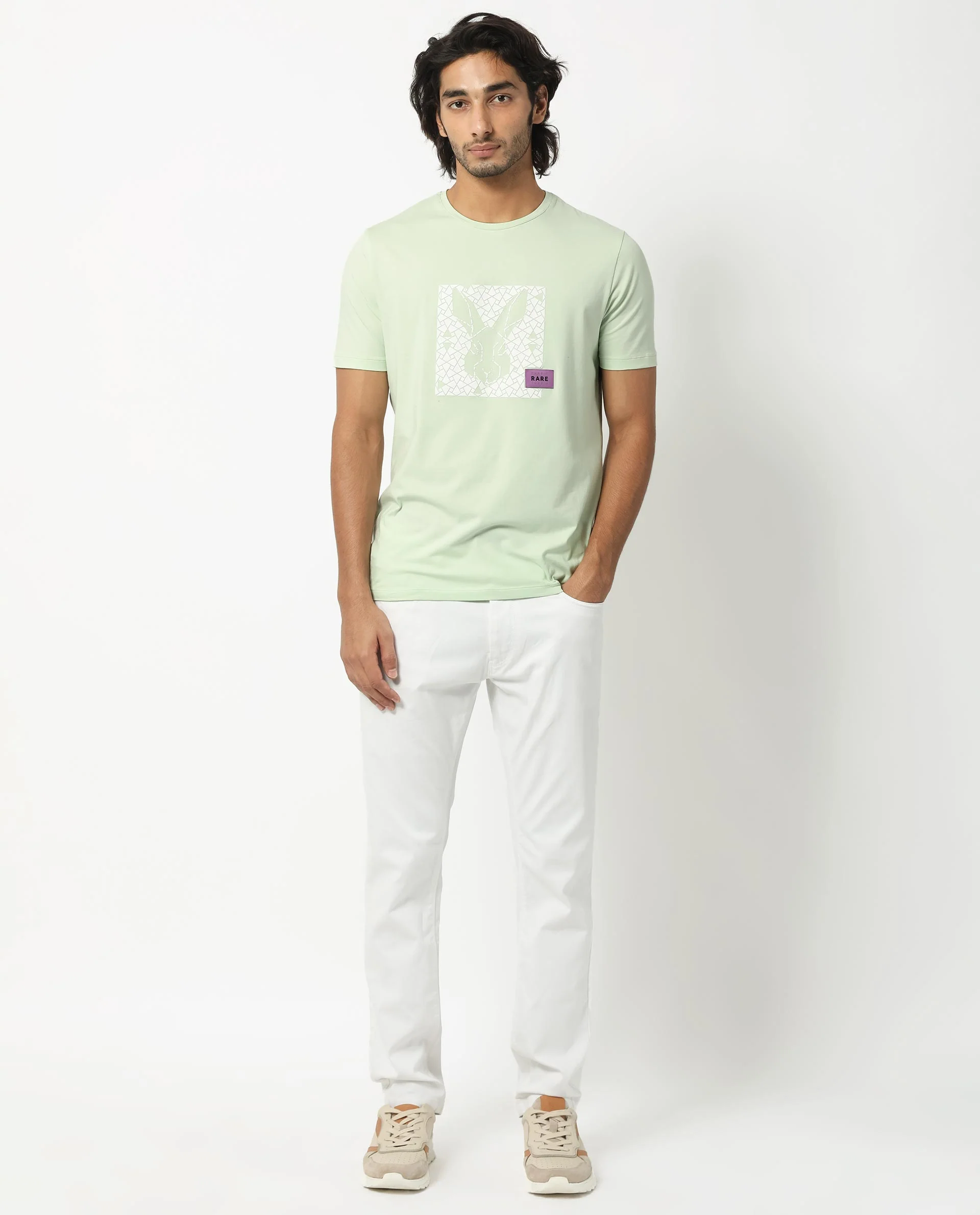 Rare Rabbit Men's Herald Light Green Cotton Graphic Print Slim Fit Half Sleeve Crew Neck T-Shirt - Image 4