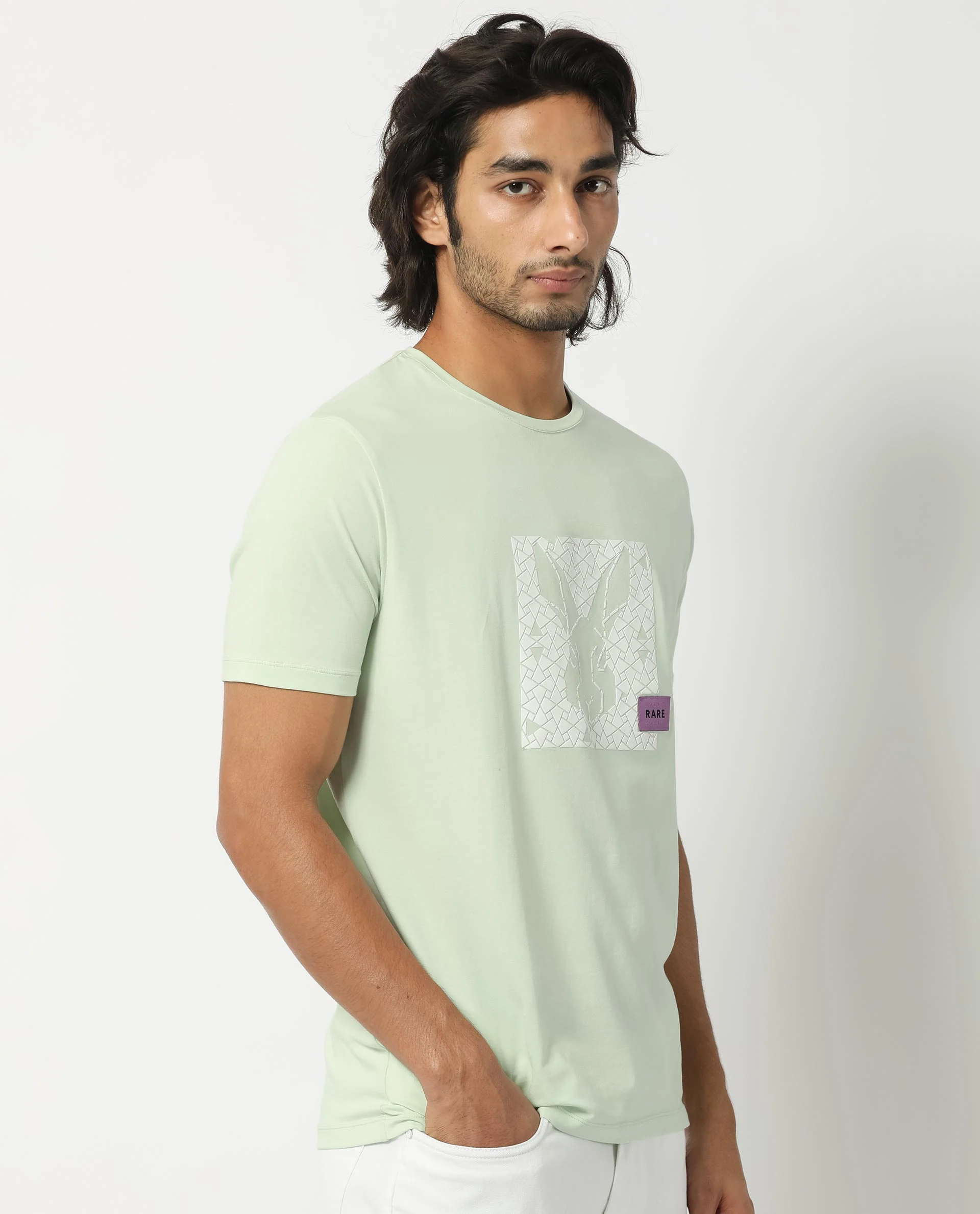 Rare Rabbit Men's Herald Light Green Cotton Graphic Print Slim Fit Half Sleeve Crew Neck T-Shirt - Image 6