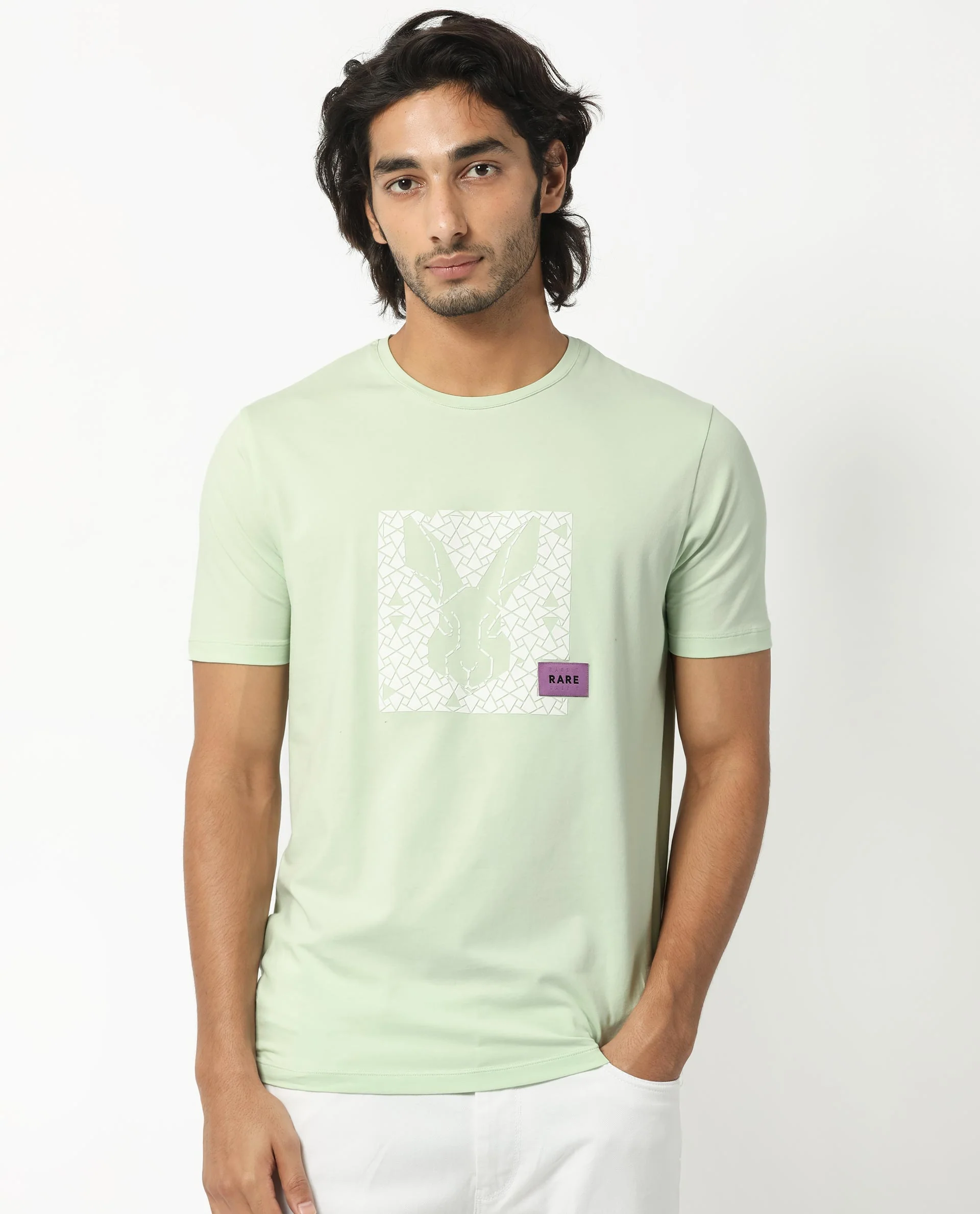 Rare Rabbit Men's Herald Light Green Cotton Graphic Print Slim Fit Half Sleeve Crew Neck T-Shirt - Image 7
