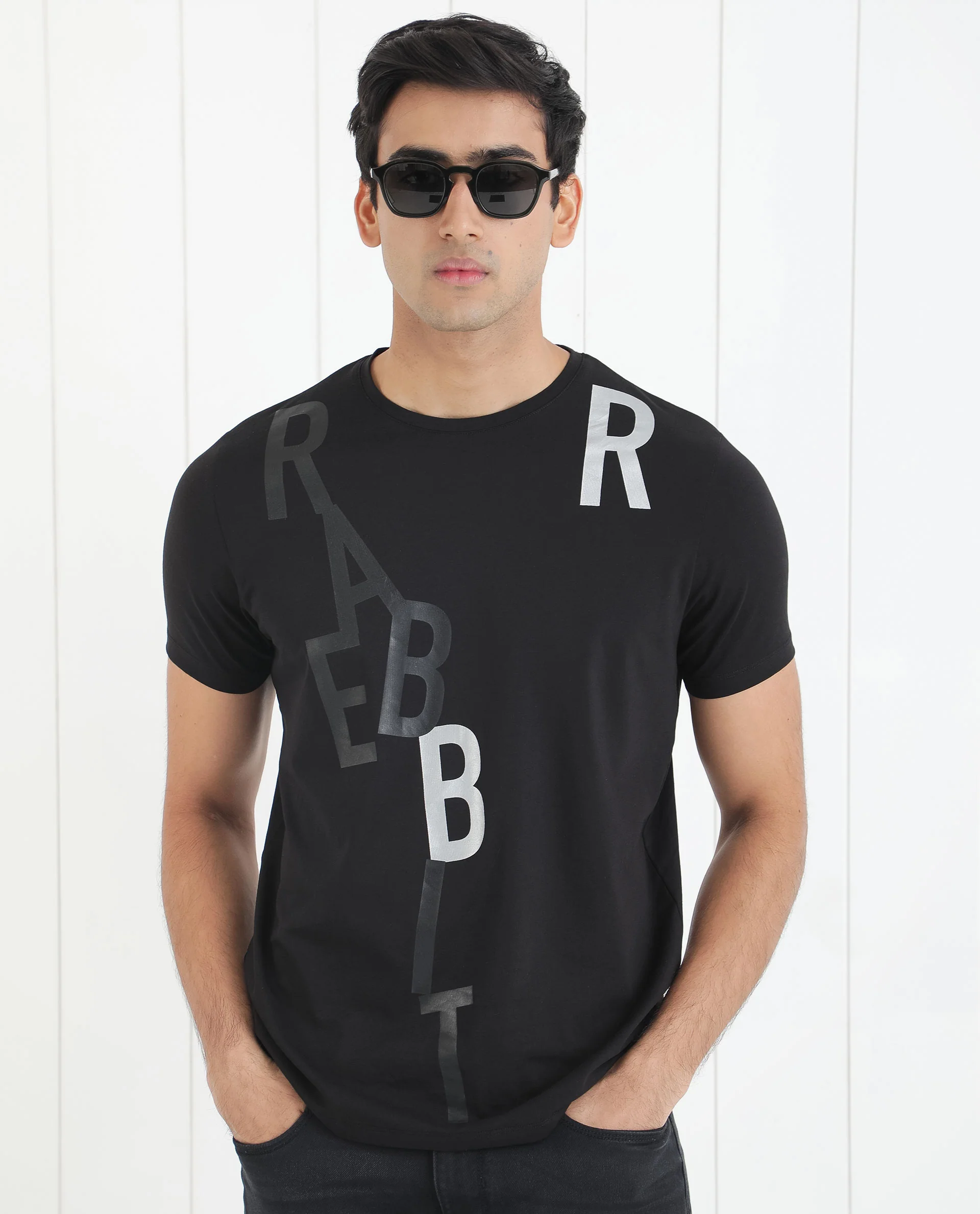 Rare Rabbit Men's Heras Black Cotton Monogram Print Slim Fit Half Sleeve Crew Neck T-Shirt