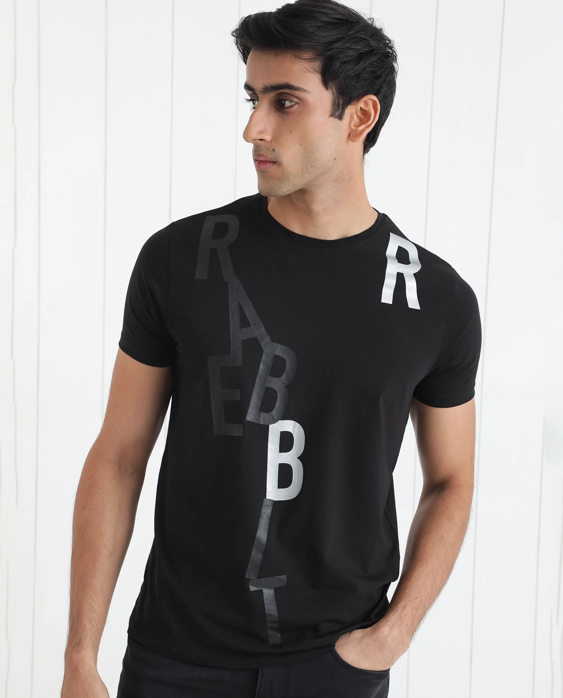 Rare Rabbit Men's Heras Black Cotton Monogram Print Slim Fit Half Sleeve Crew Neck T-Shirt - Image 2