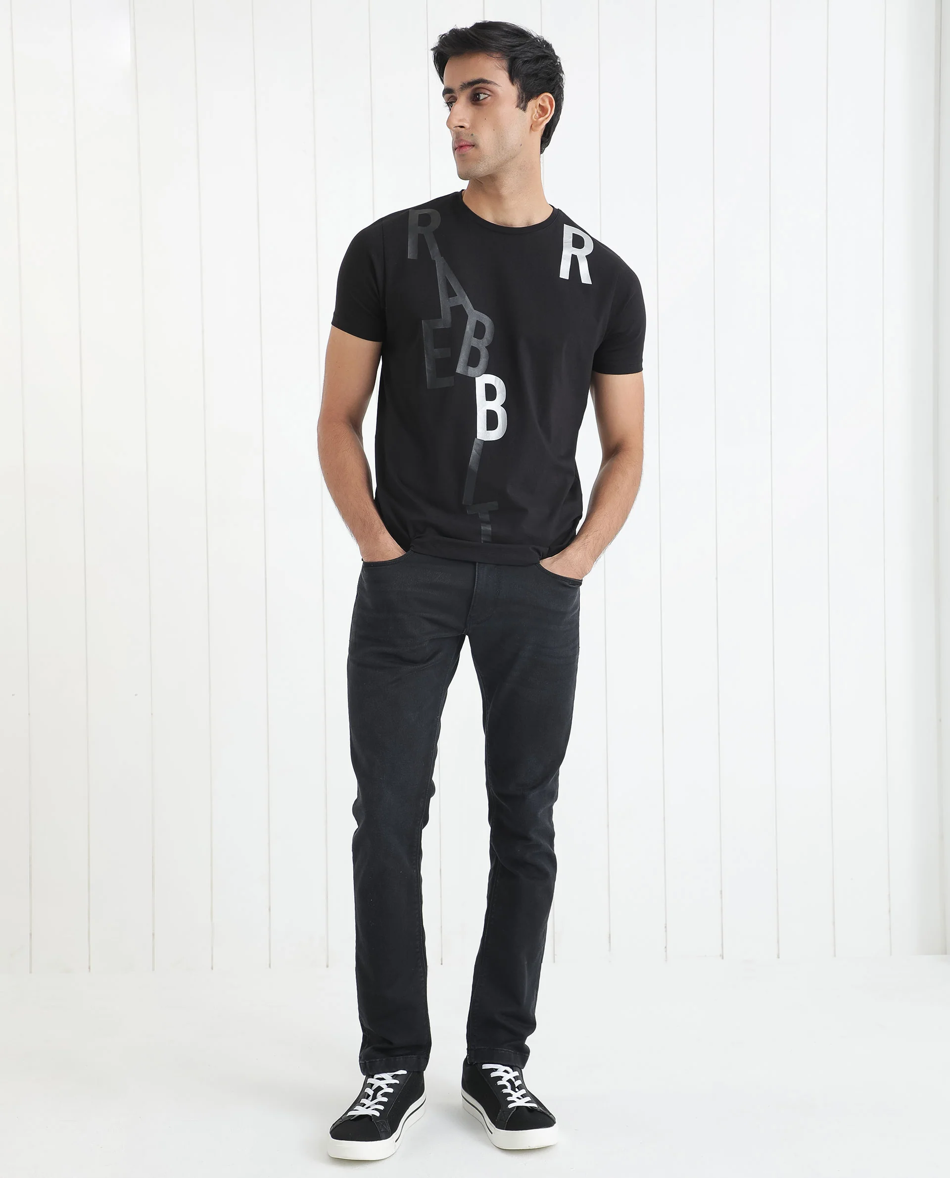 Rare Rabbit Men's Heras Black Cotton Monogram Print Slim Fit Half Sleeve Crew Neck T-Shirt - Image 4