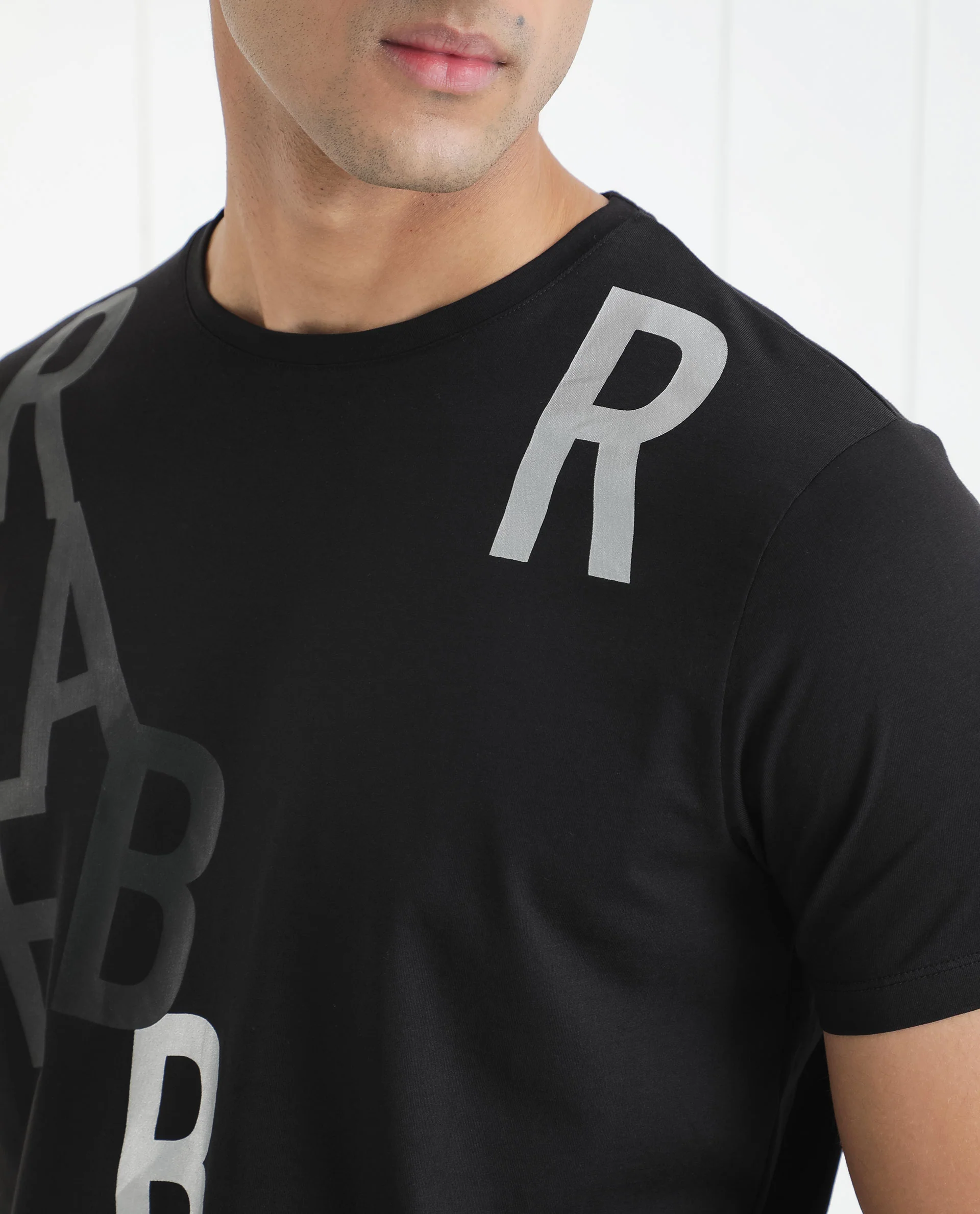 Rare Rabbit Men's Heras Black Cotton Monogram Print Slim Fit Half Sleeve Crew Neck T-Shirt - Image 5
