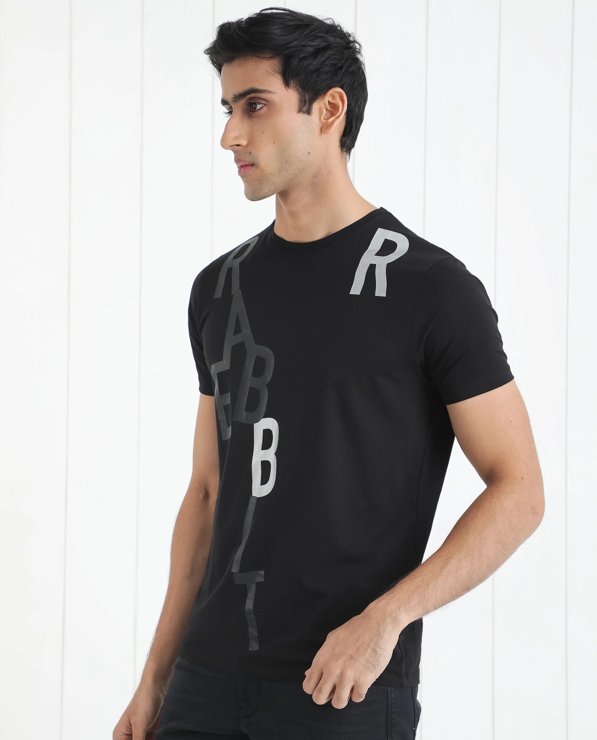 Rare Rabbit Men's Heras Black Cotton Monogram Print Slim Fit Half Sleeve Crew Neck T-Shirt - Image 7