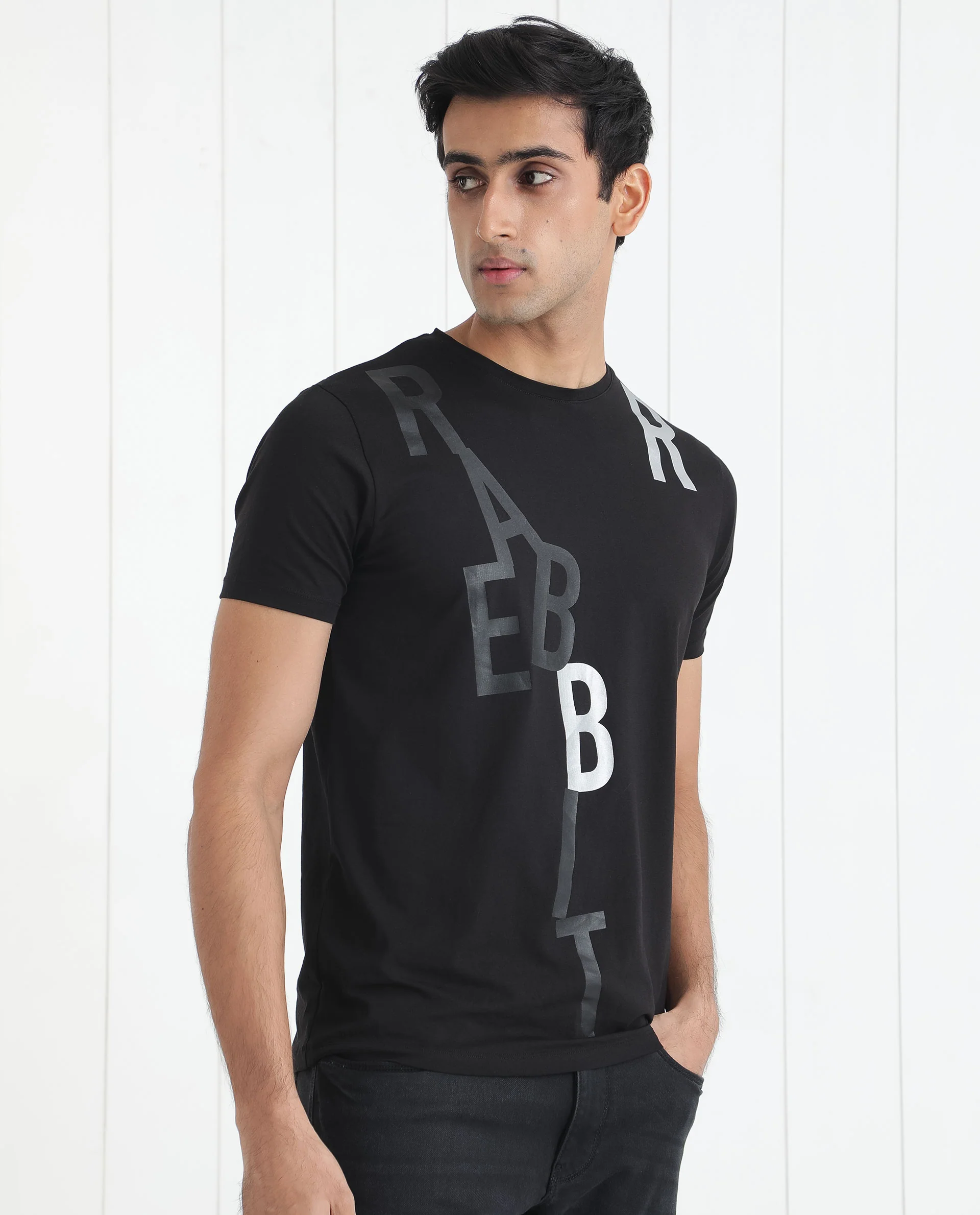 Rare Rabbit Men's Heras Black Cotton Monogram Print Slim Fit Half Sleeve Crew Neck T-Shirt - Image 8