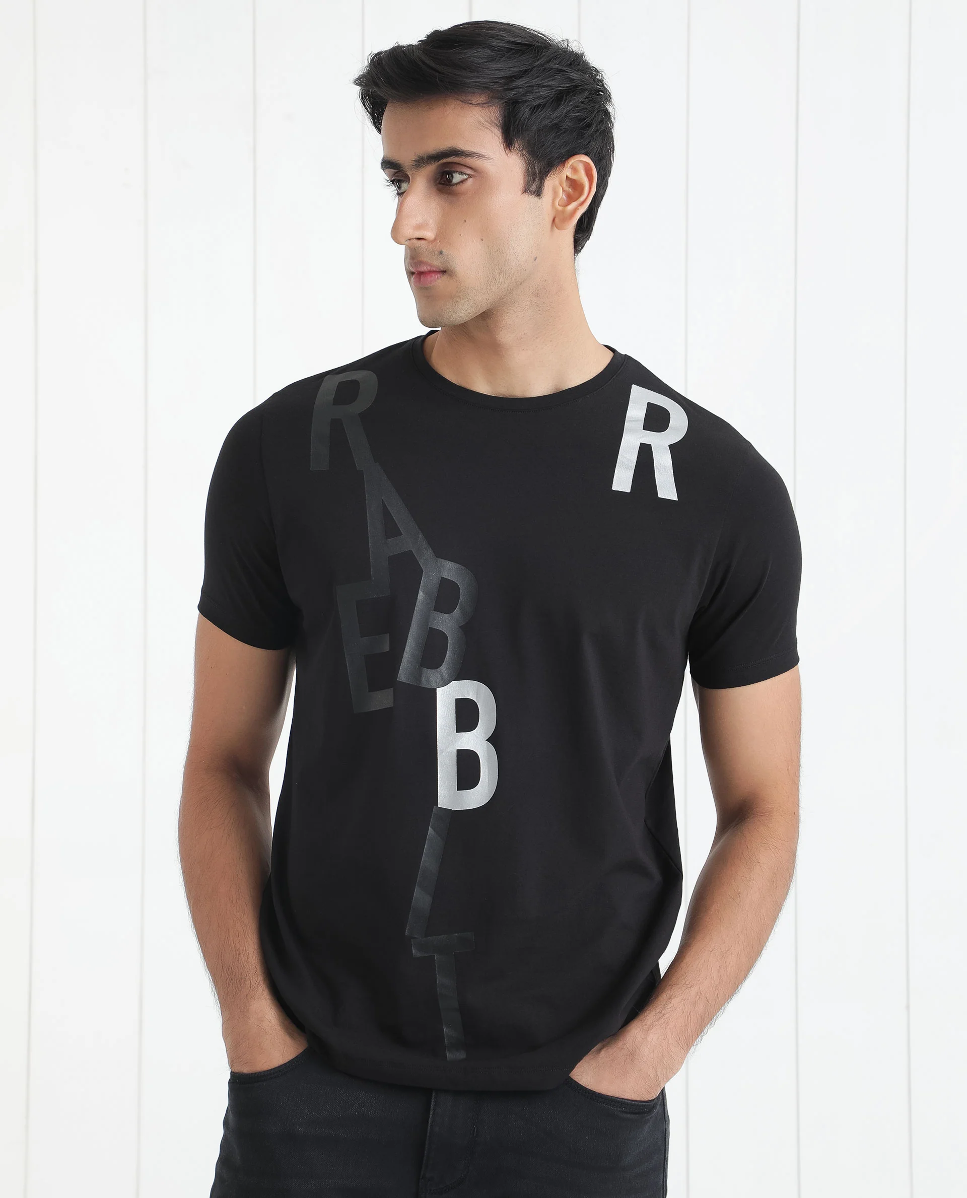 Rare Rabbit Men's Heras Black Cotton Monogram Print Slim Fit Half Sleeve Crew Neck T-Shirt - Image 9
