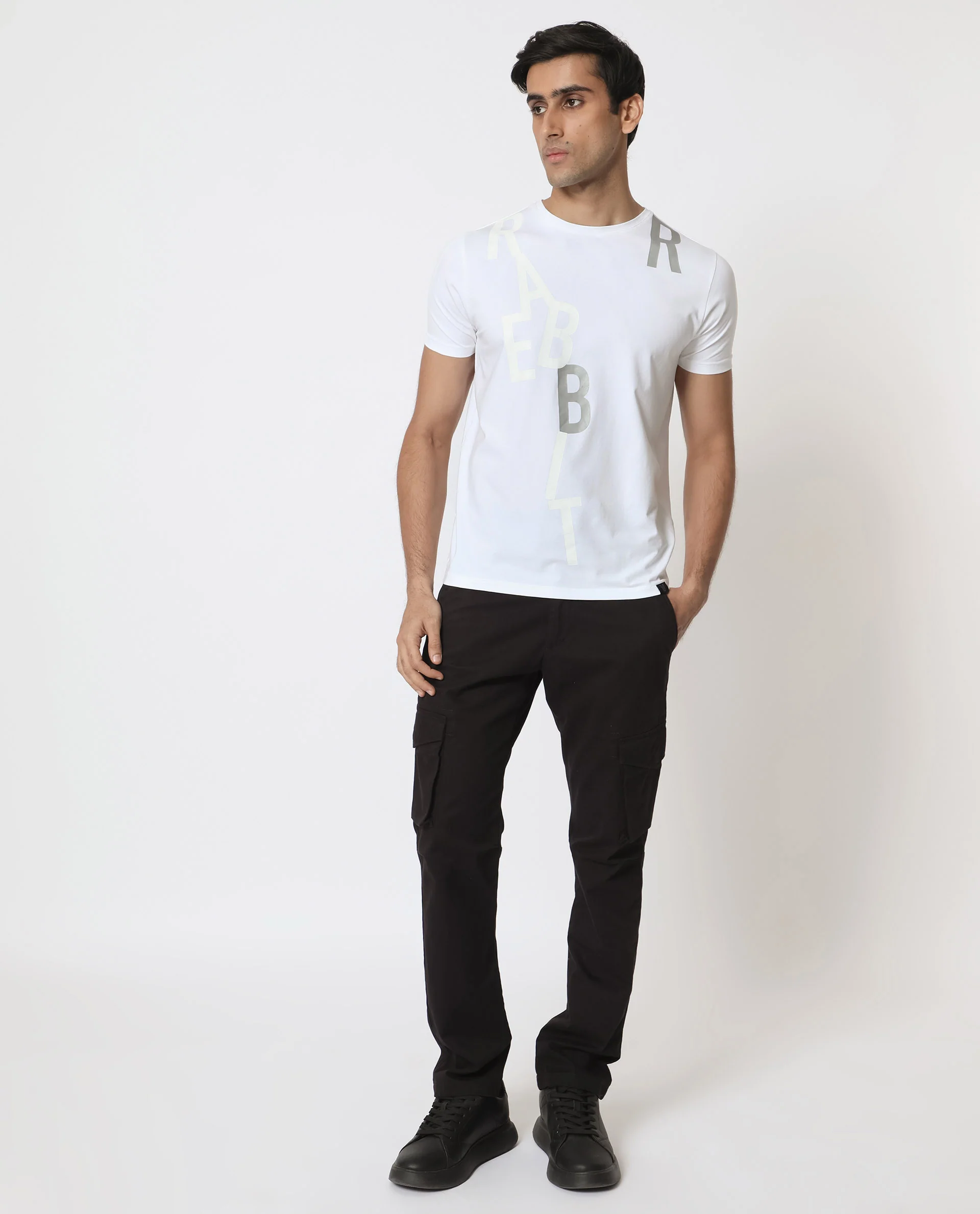 Rare Rabbit Men's Heras White Cotton Monogram Print Slim Fit Half Sleeve Crew Neck T-Shirt - Image 4