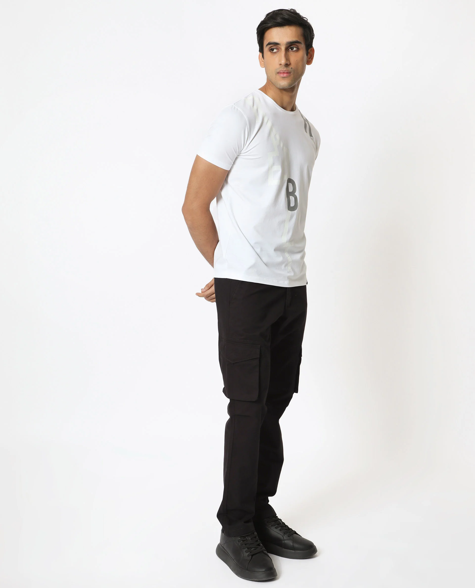Rare Rabbit Men's Heras White Cotton Monogram Print Slim Fit Half Sleeve Crew Neck T-Shirt - Image 8