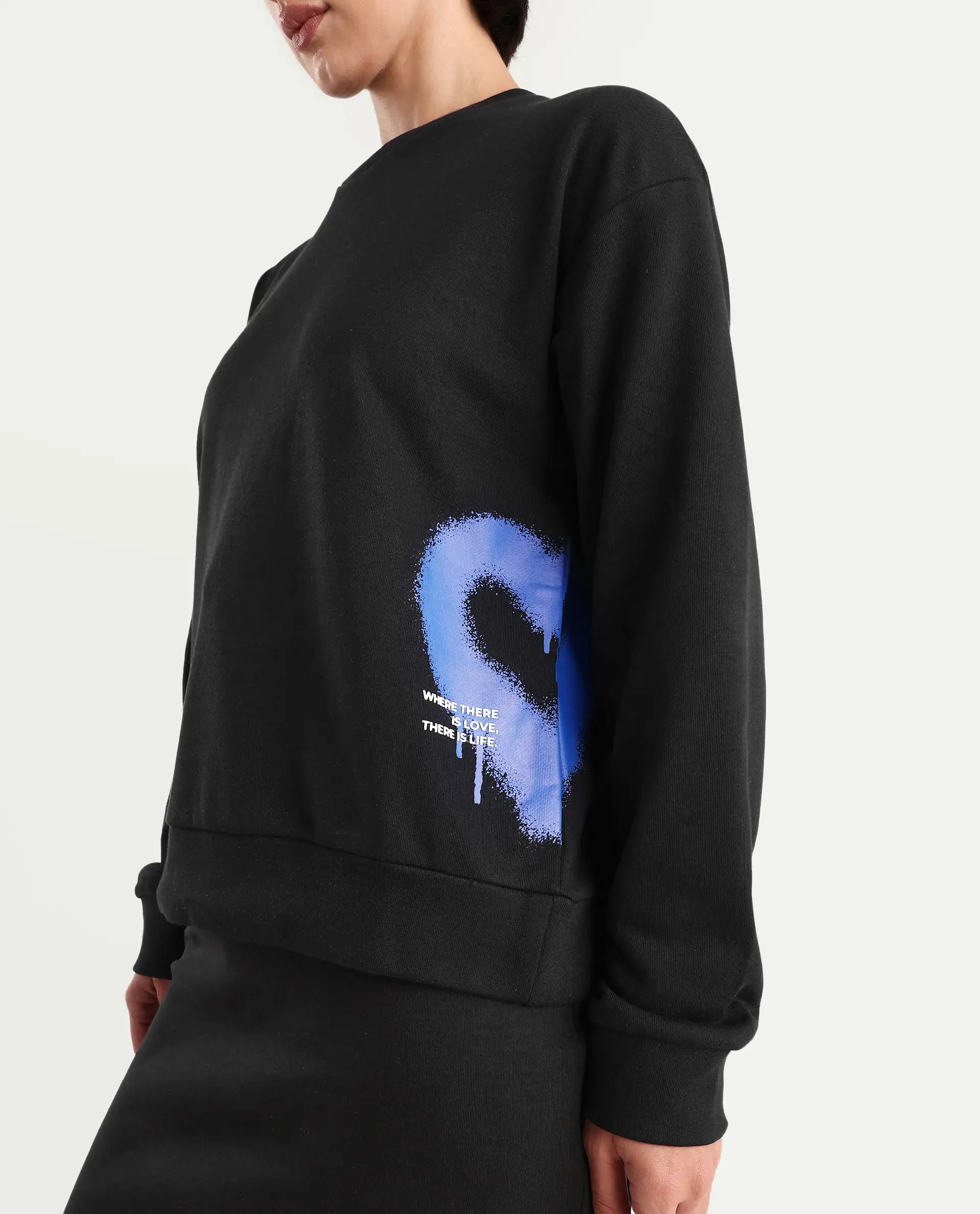 Rareism Women's Herf Black Cotton Crew Neck Graphic Print Regular Fit Sweatshirt - Image 3