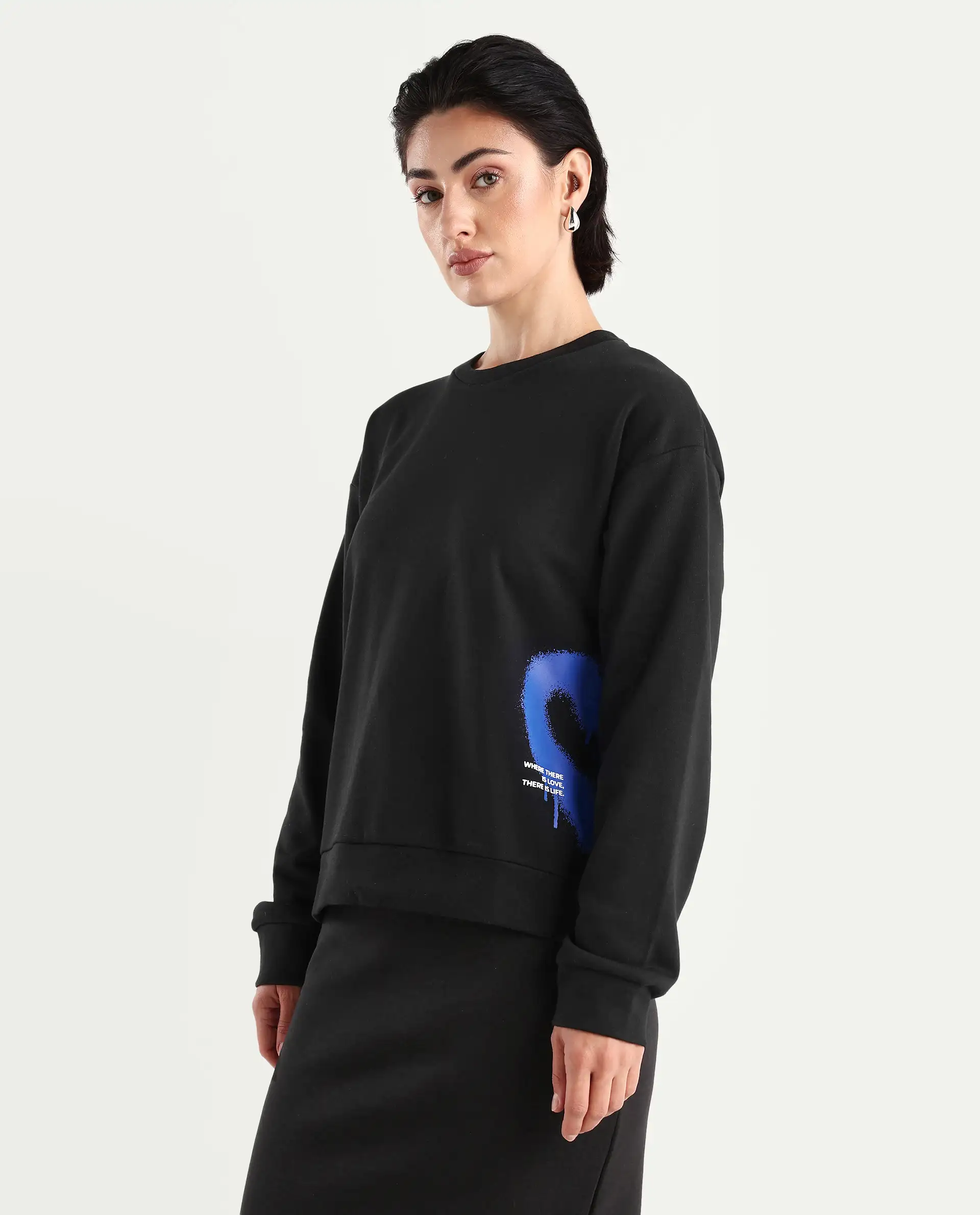 Rareism Women's Herf Black Cotton Crew Neck Graphic Print Regular Fit Sweatshirt - Image 5