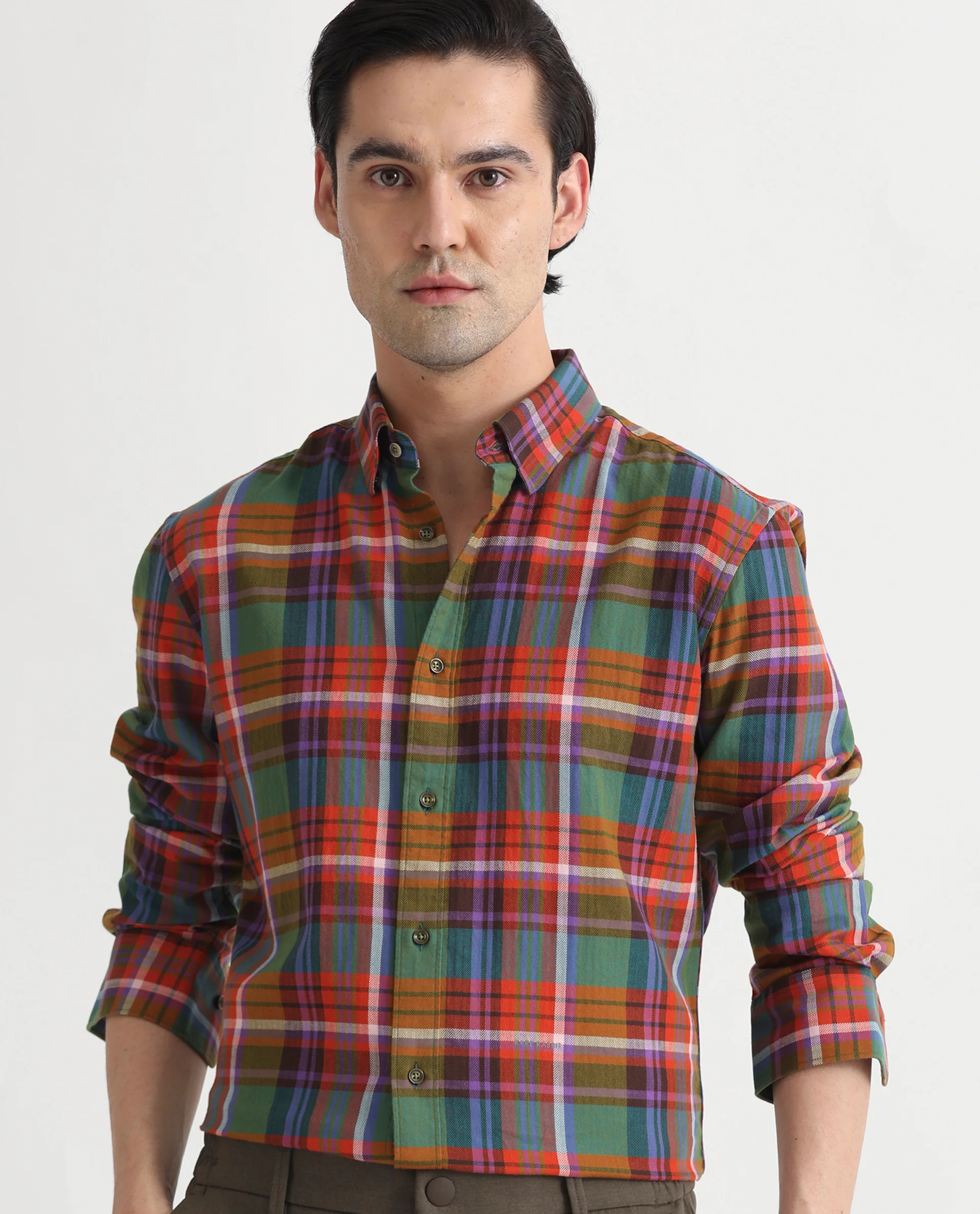Rare Rabbit Men's Herick Multi Cotton Checked Print Regular Fit Full Sleeve Collared Shirt
