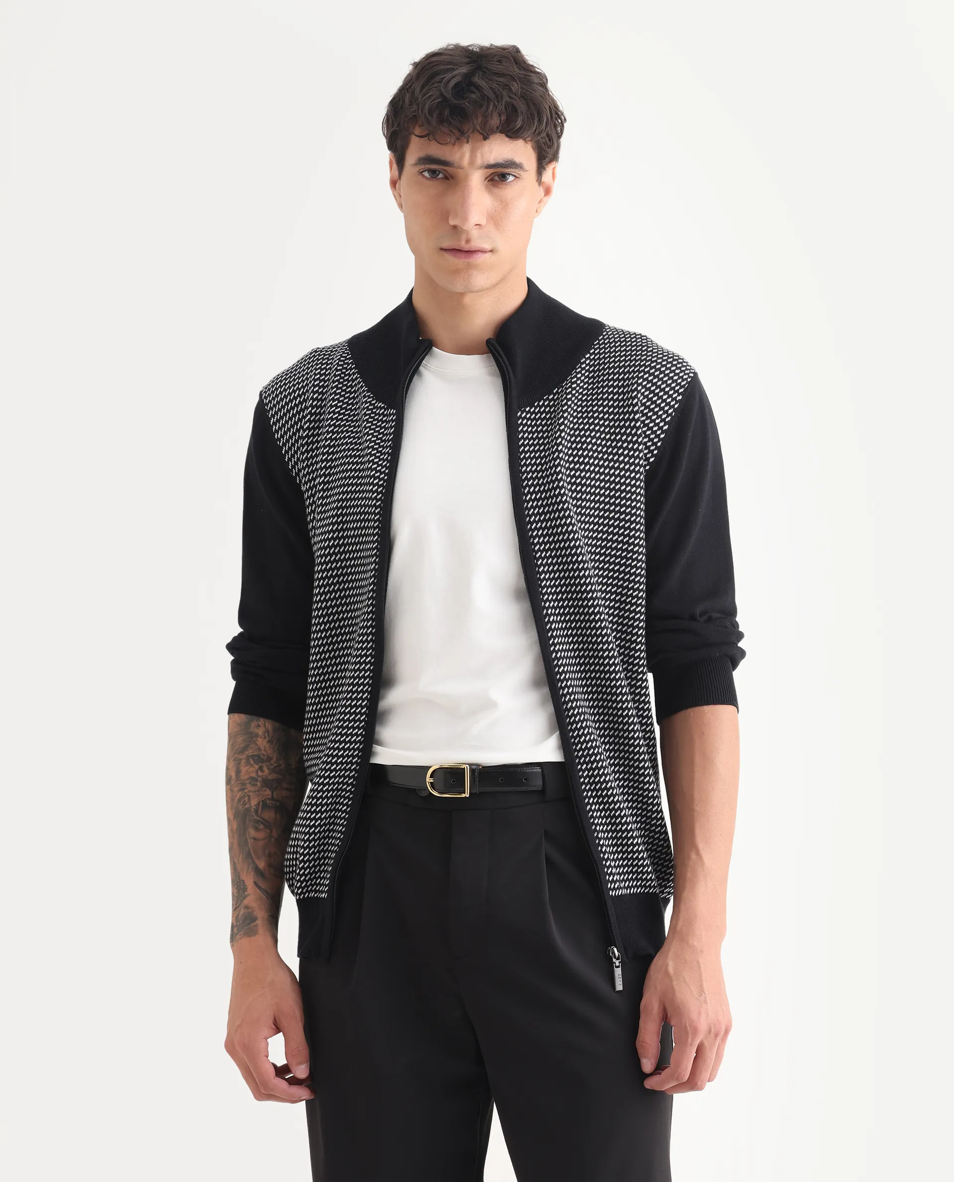 Rare Rabbit Men's Heritage Black Cotton Jacquard Regular Fit Full Sleeve High Neck Sweater - Image 3