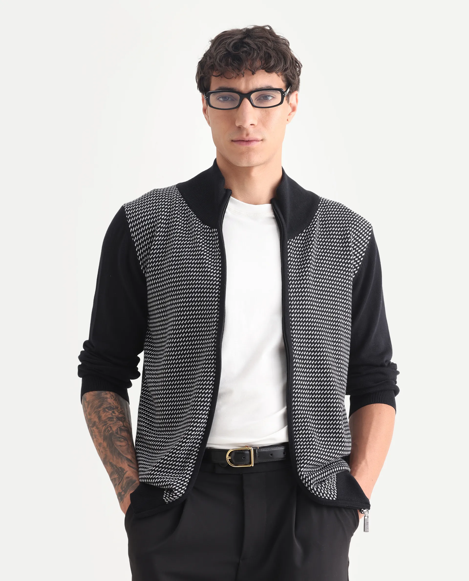 Rare Rabbit Men's Heritage Black Cotton Jacquard Regular Fit Full Sleeve High Neck Sweater - Image 4