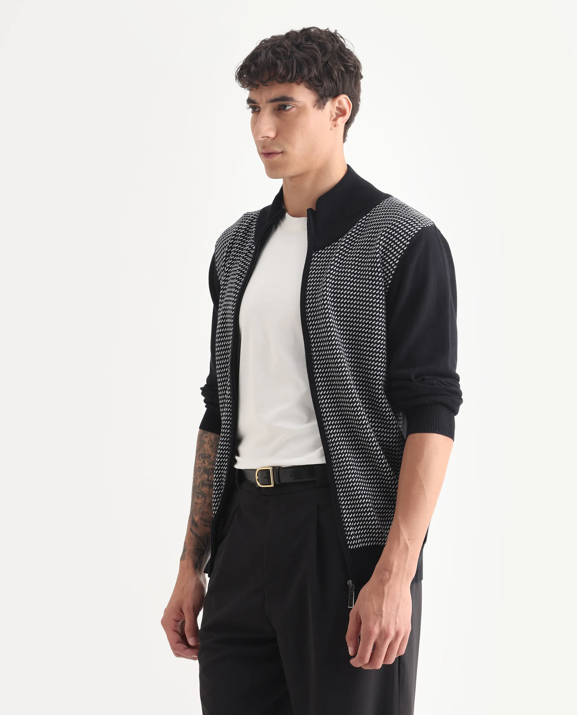 Rare Rabbit Men's Heritage Black Cotton Jacquard Regular Fit Full Sleeve High Neck Sweater - Image 5