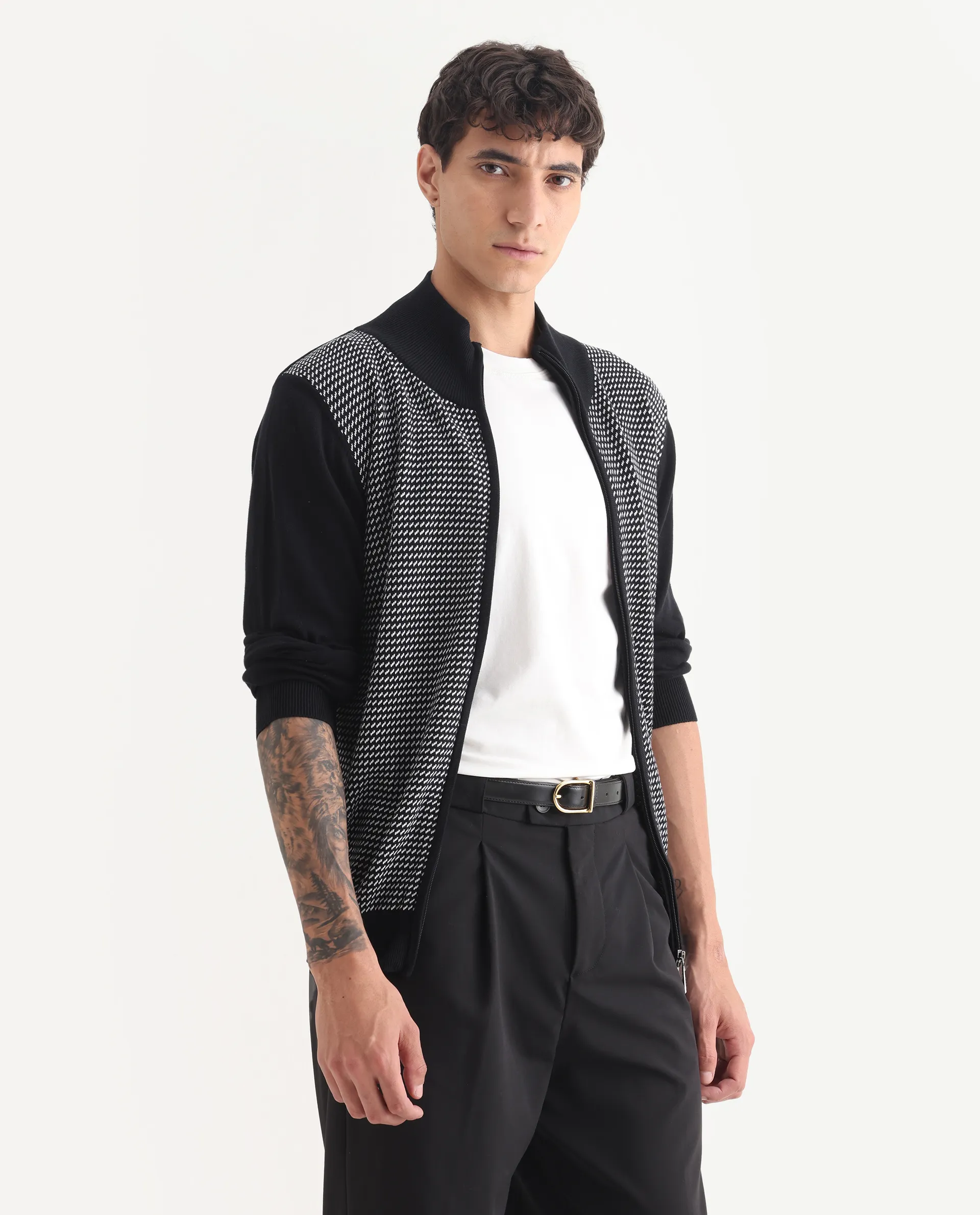 Rare Rabbit Men's Heritage Black Cotton Jacquard Regular Fit Full Sleeve High Neck Sweater - Image 6