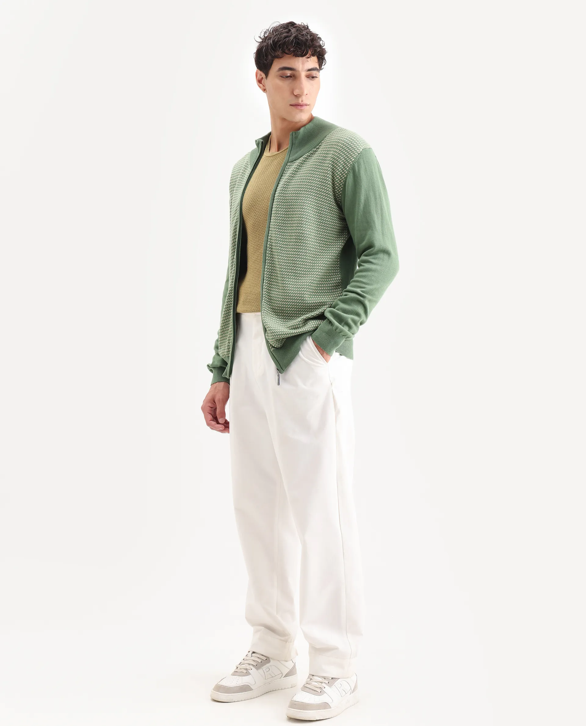 Rare Rabbit Men's Heritage Green Cotton Jacquard Regular Fit Full Sleeve High Neck Sweater - Image 2