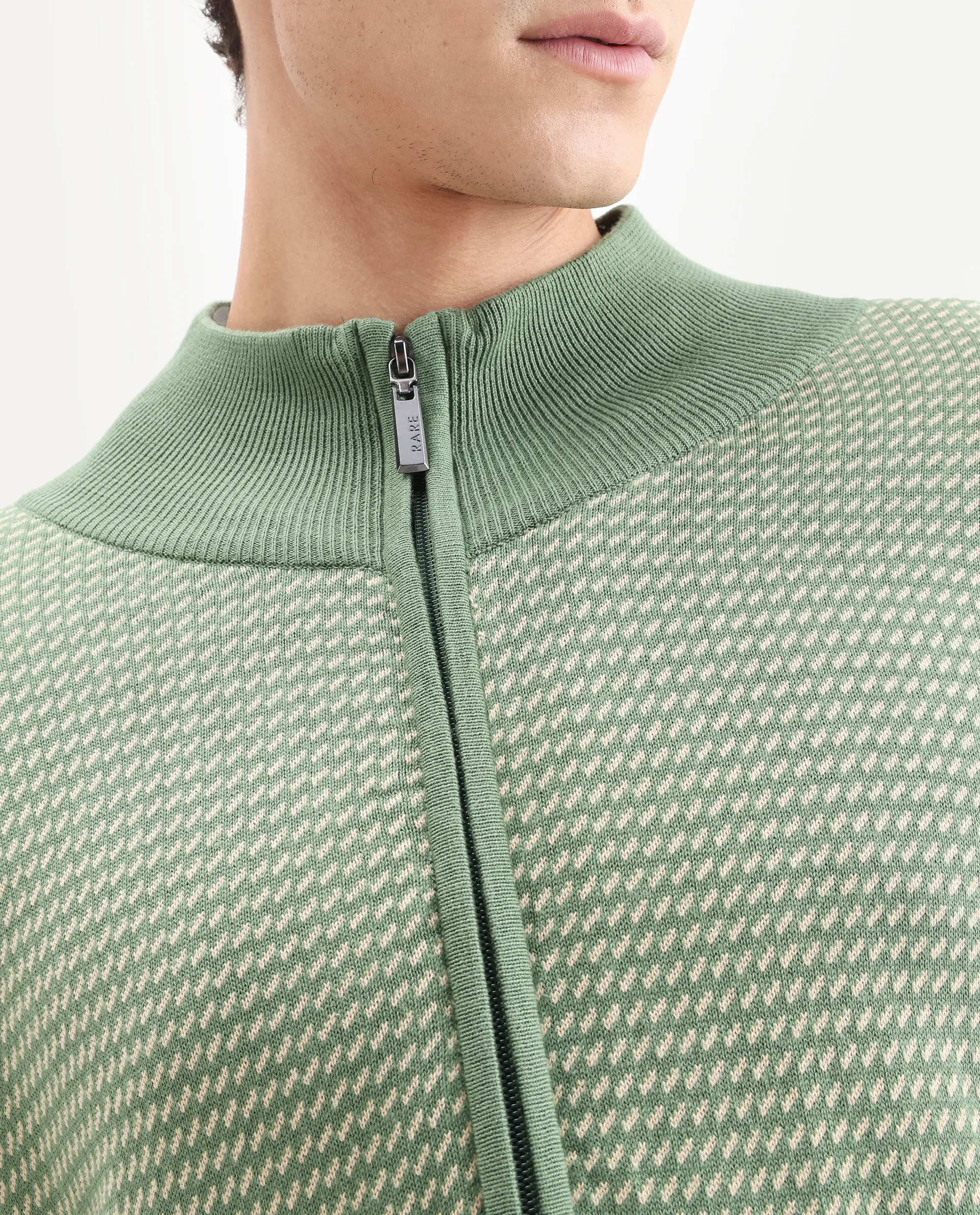 Rare Rabbit Men's Heritage Green Cotton Jacquard Regular Fit Full Sleeve High Neck Sweater - Image 3