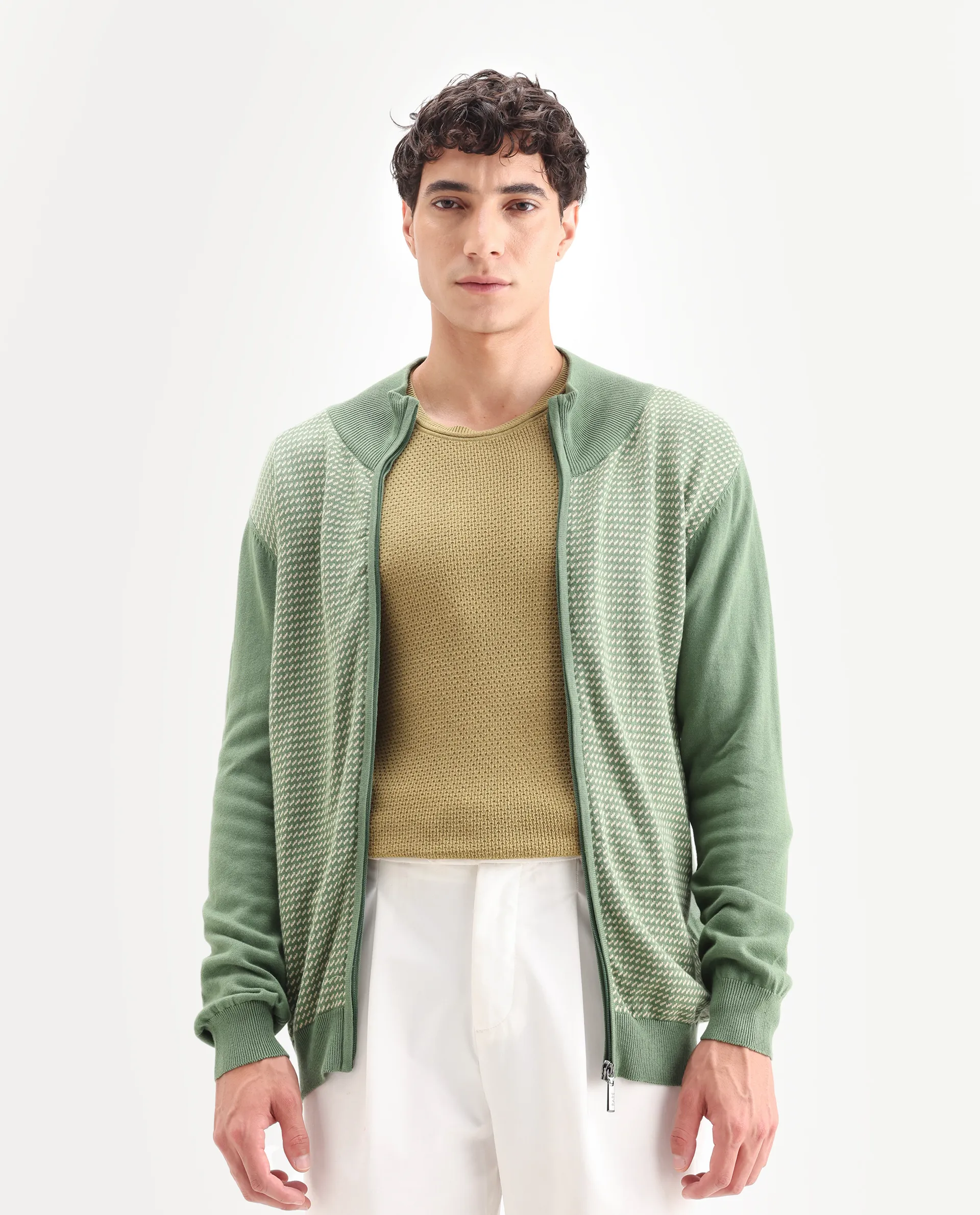 Rare Rabbit Men's Heritage Green Cotton Jacquard Regular Fit Full Sleeve High Neck Sweater - Image 4