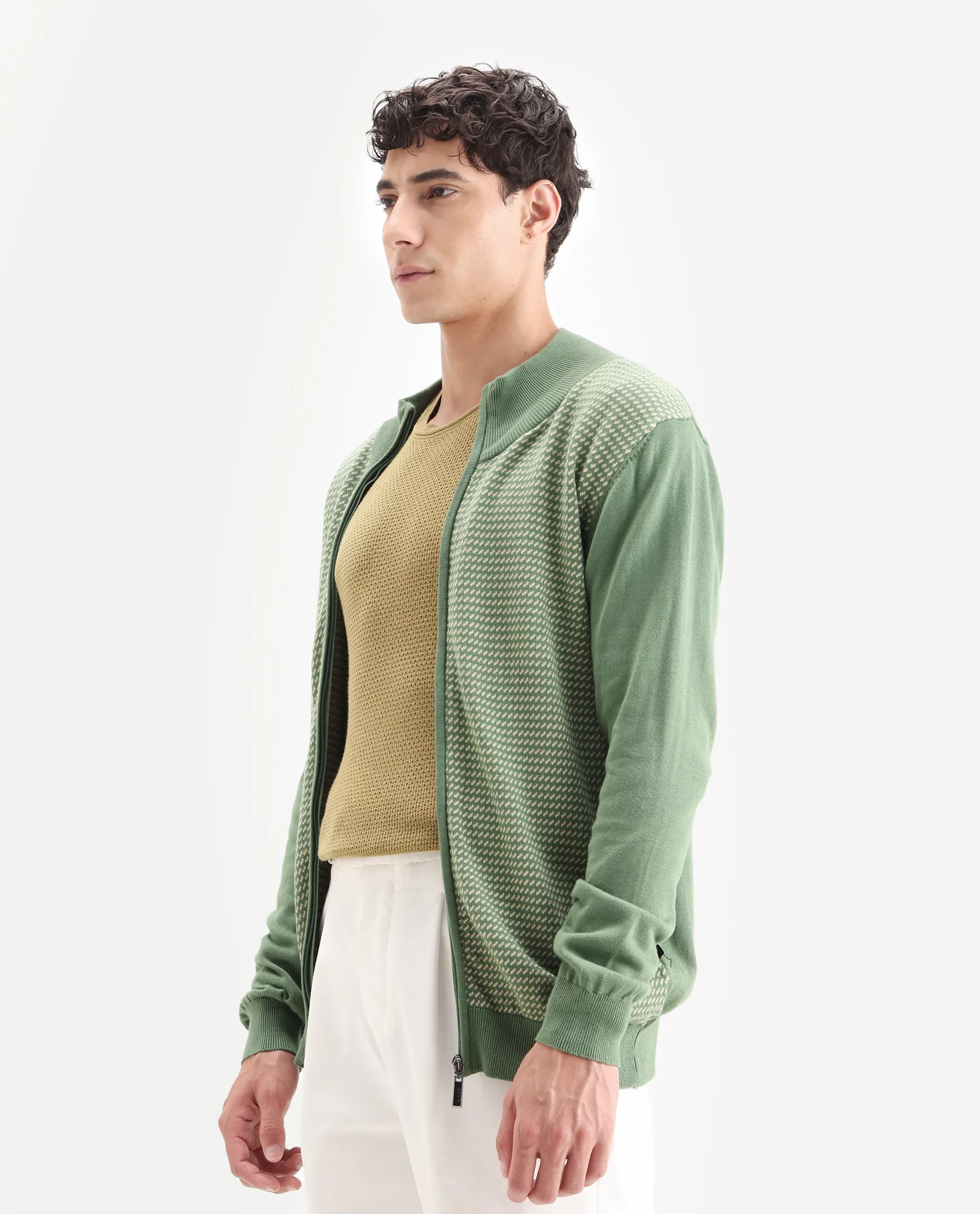 Rare Rabbit Men's Heritage Green Cotton Jacquard Regular Fit Full Sleeve High Neck Sweater - Image 5
