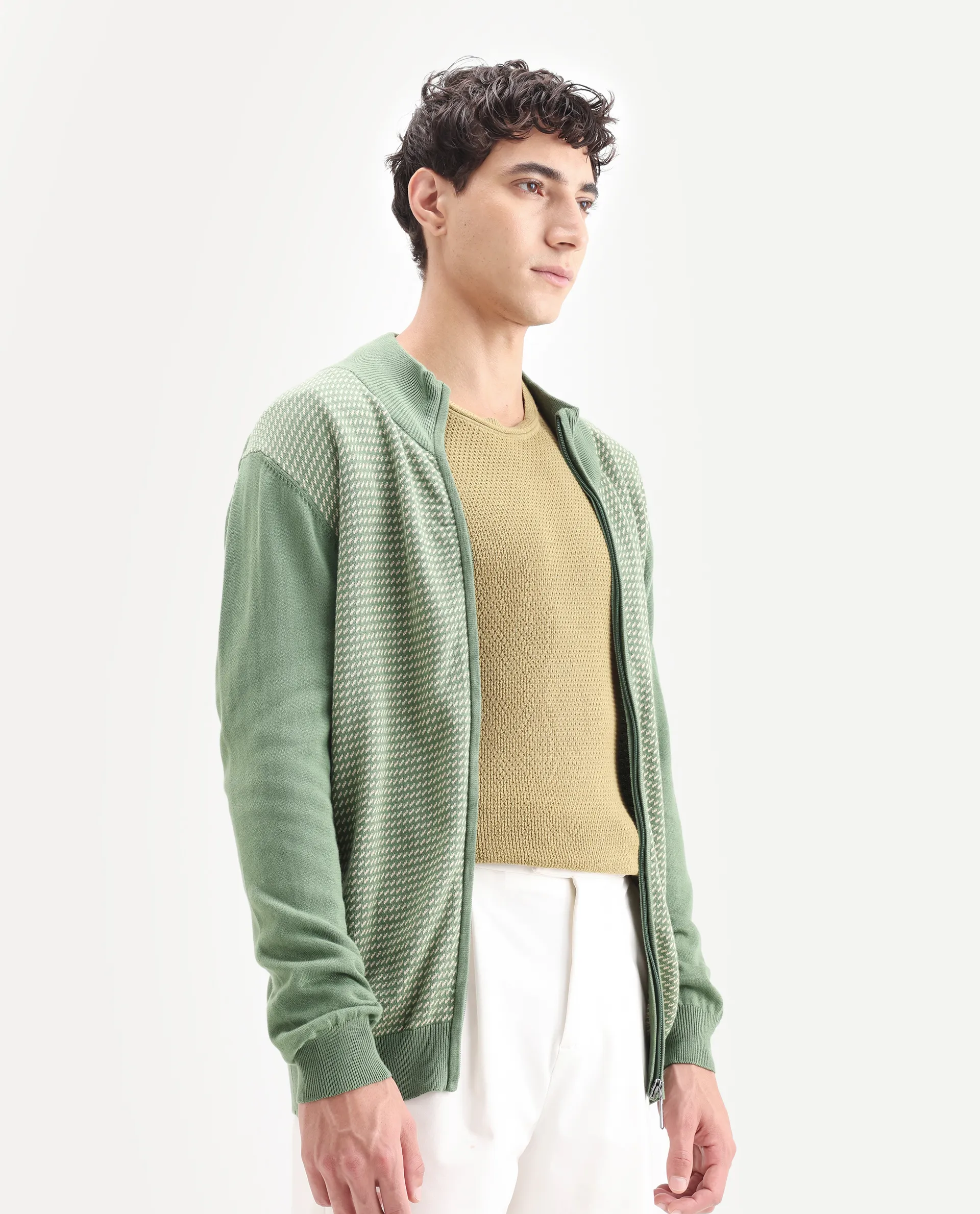 Rare Rabbit Men's Heritage Green Cotton Jacquard Regular Fit Full Sleeve High Neck Sweater - Image 6