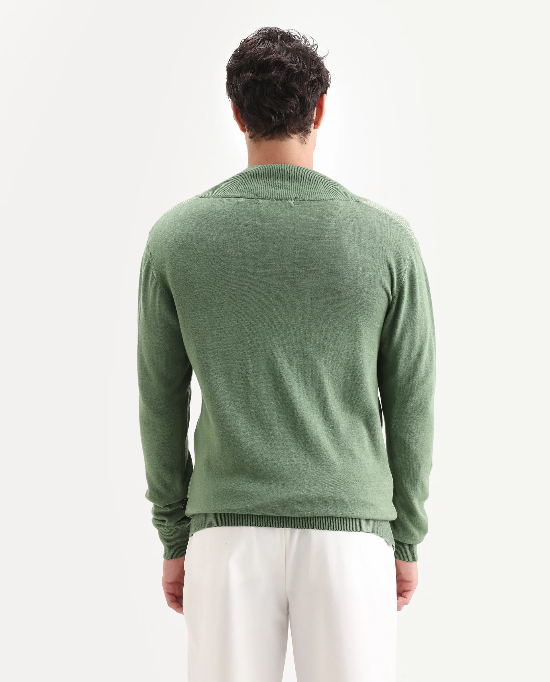 Rare Rabbit Men's Heritage Green Cotton Jacquard Regular Fit Full Sleeve High Neck Sweater - Image 7