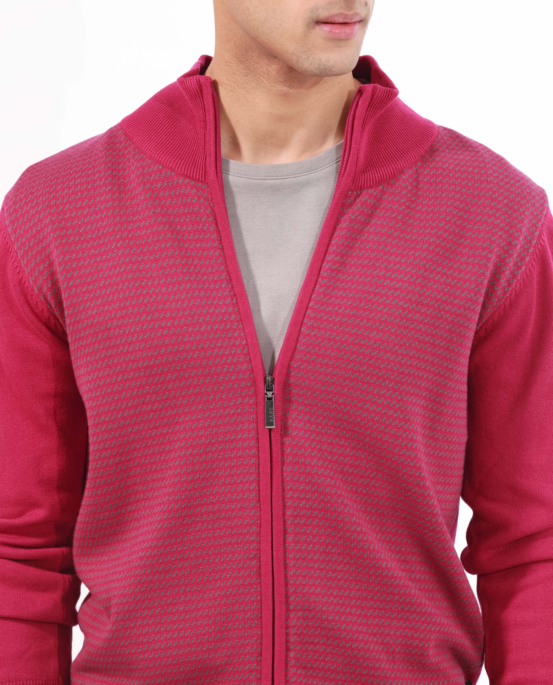 Rare Rabbit Men's Heritage Pink Cotton Jacquard Regular Fit Full Sleeve High Neck Sweater - Image 2