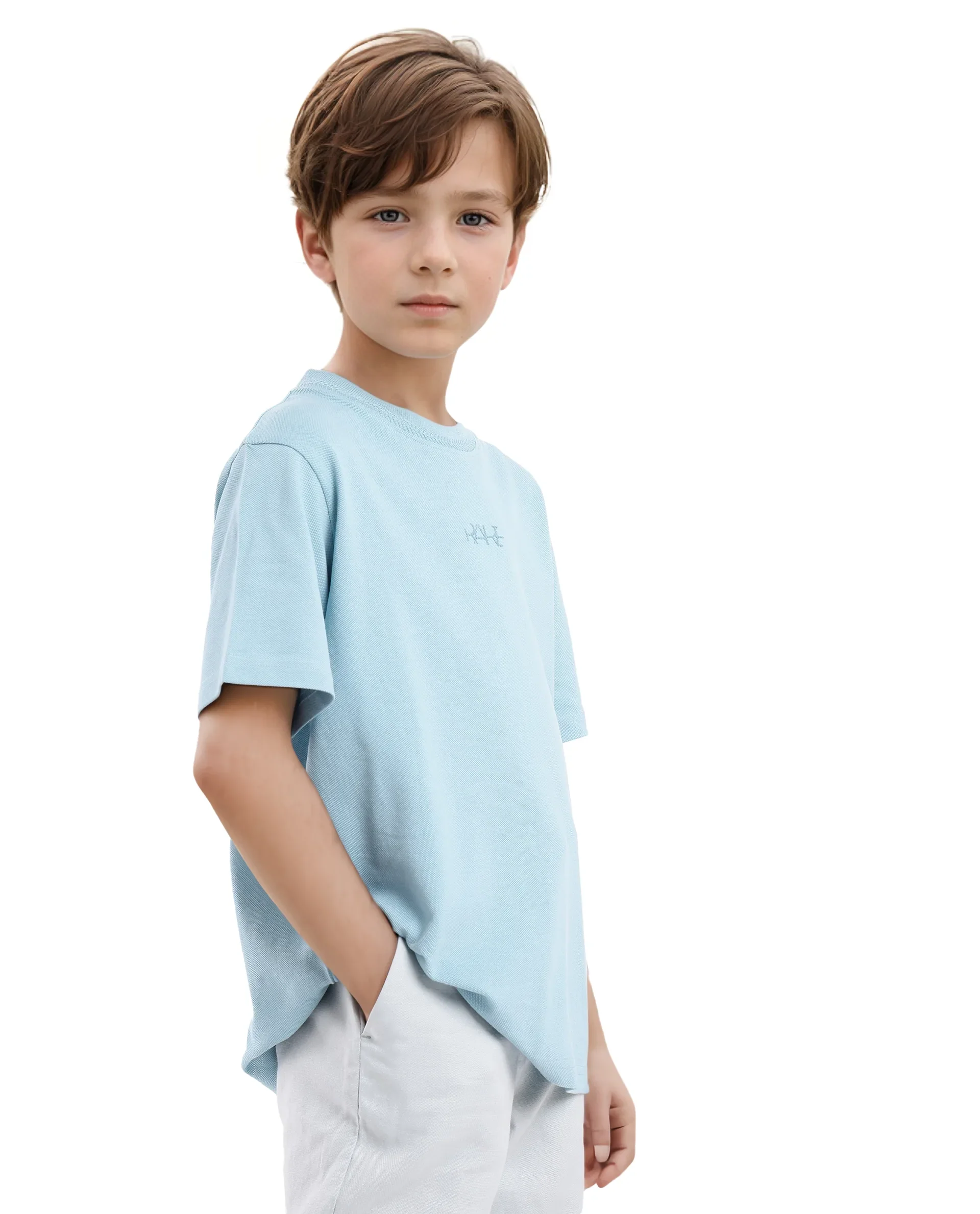 Rare Ones Kids Heron Dusky Blue Cotton Fabric Half Sleeves Crew Neck Embroidered T-Shirt - Image 3