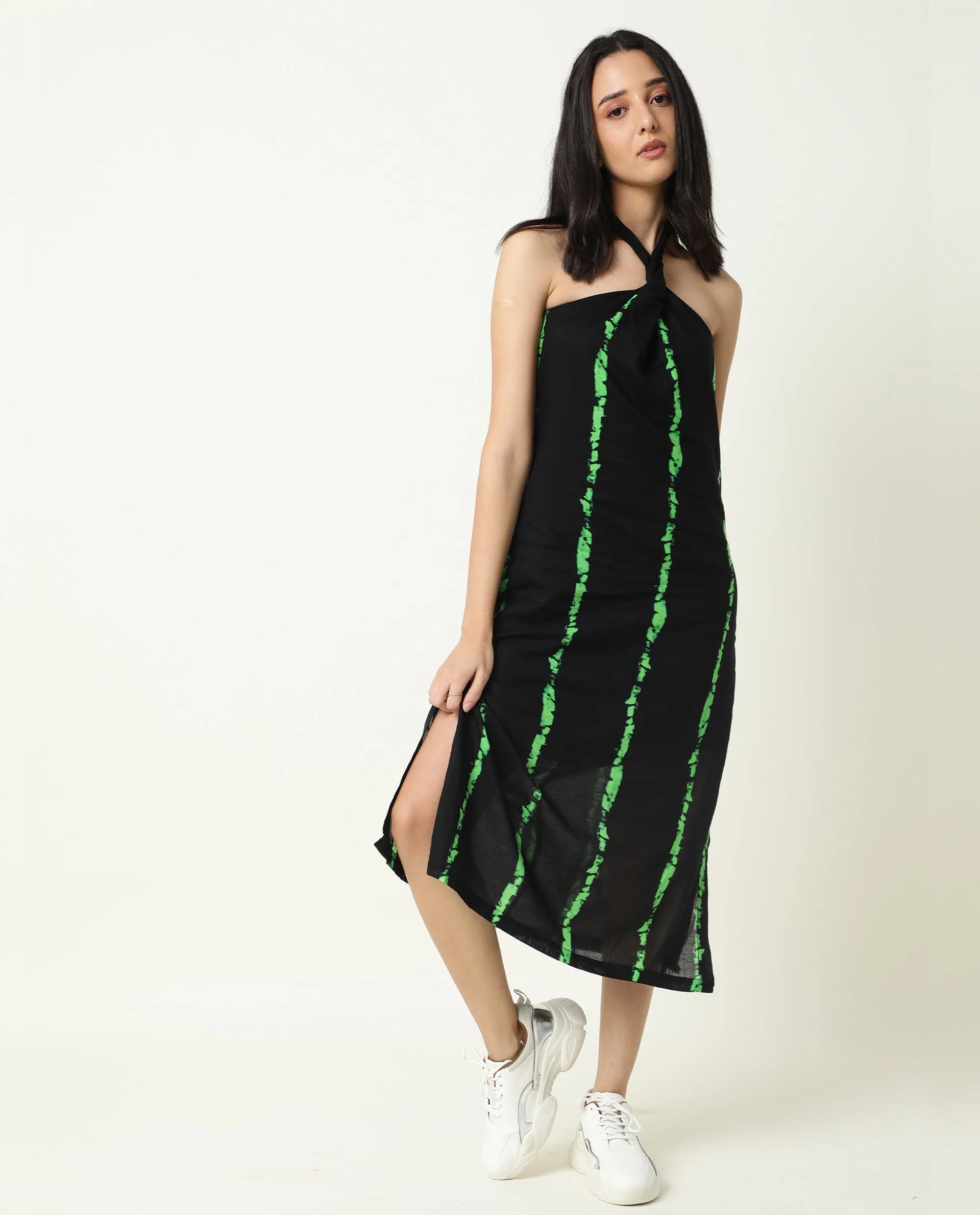 Rareism Women's Heron Black Cotton Halter Neck Abstract Print Sleeveless Knee Length Regular Fit Dress