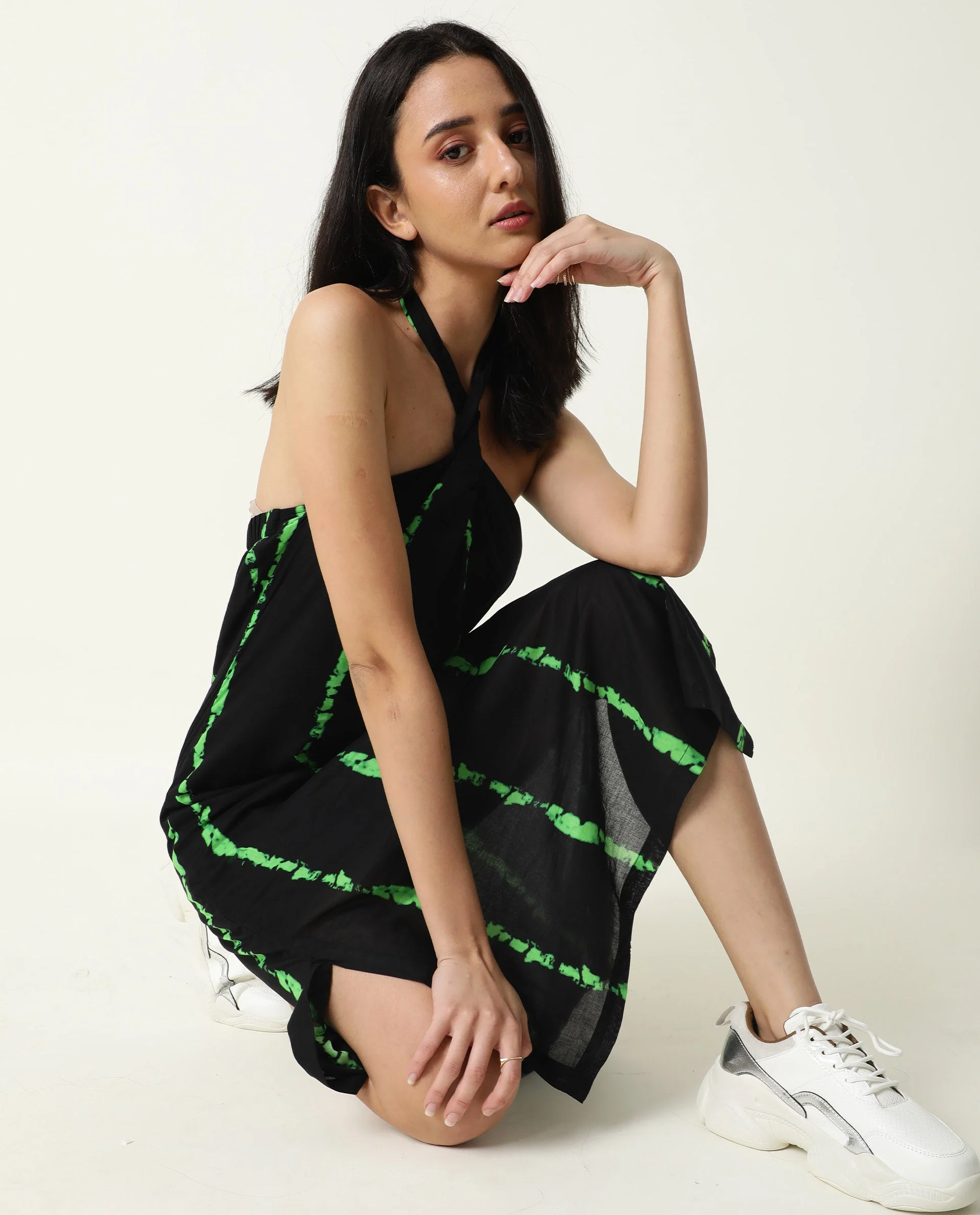 Rareism Women's Heron Black Cotton Halter Neck Abstract Print Sleeveless Knee Length Regular Fit Dress - Image 2
