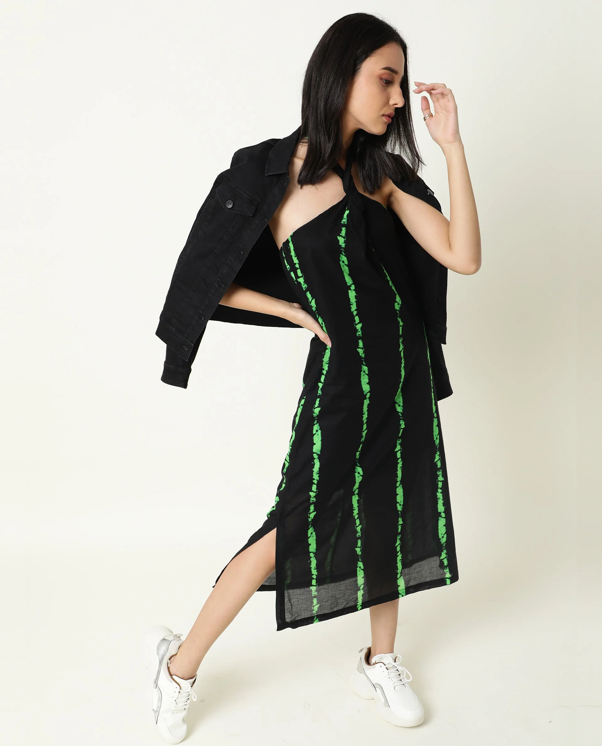 Rareism Women's Heron Black Cotton Halter Neck Abstract Print Sleeveless Knee Length Regular Fit Dress - Image 4