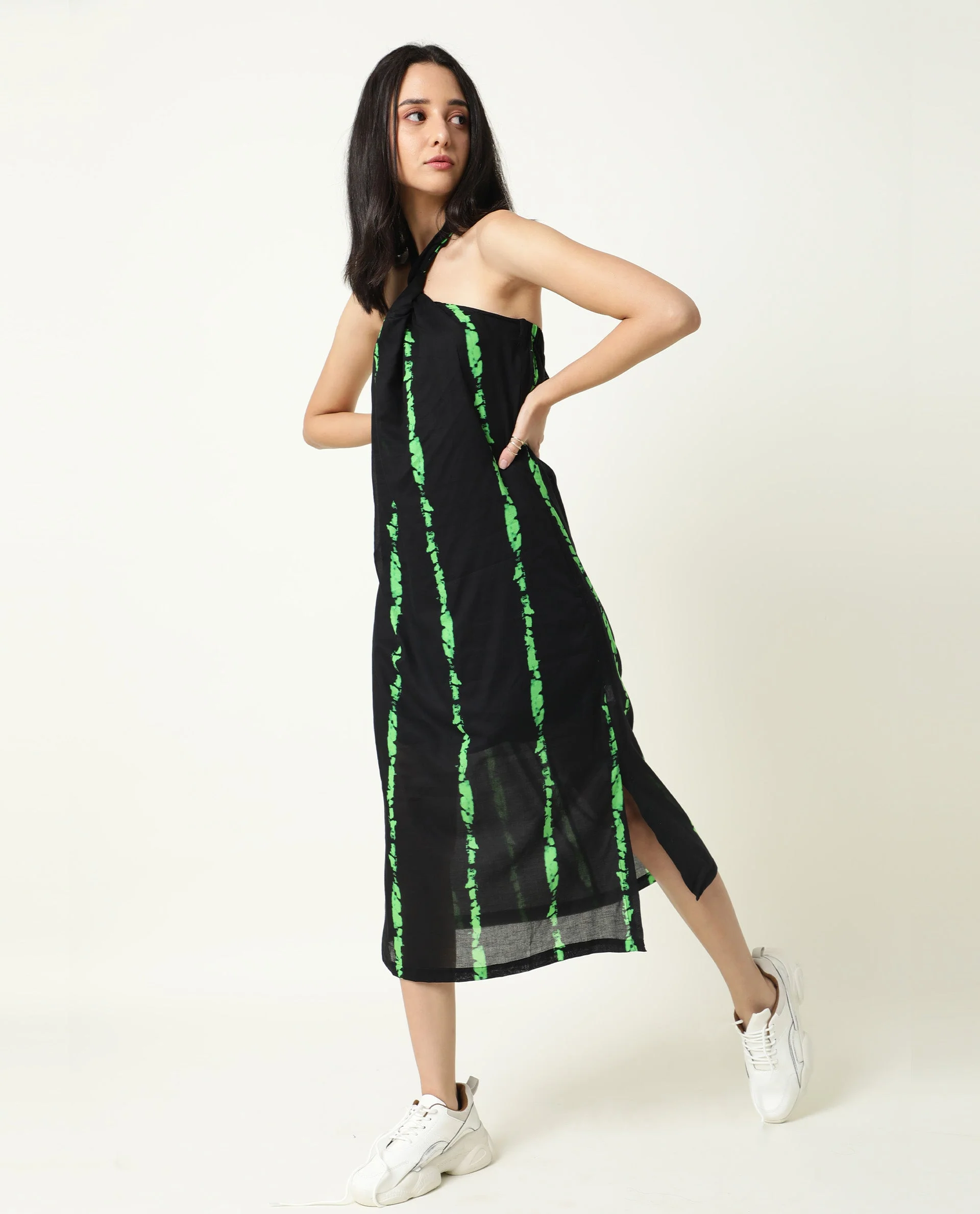 Rareism Women's Heron Black Cotton Halter Neck Abstract Print Sleeveless Knee Length Regular Fit Dress - Image 5