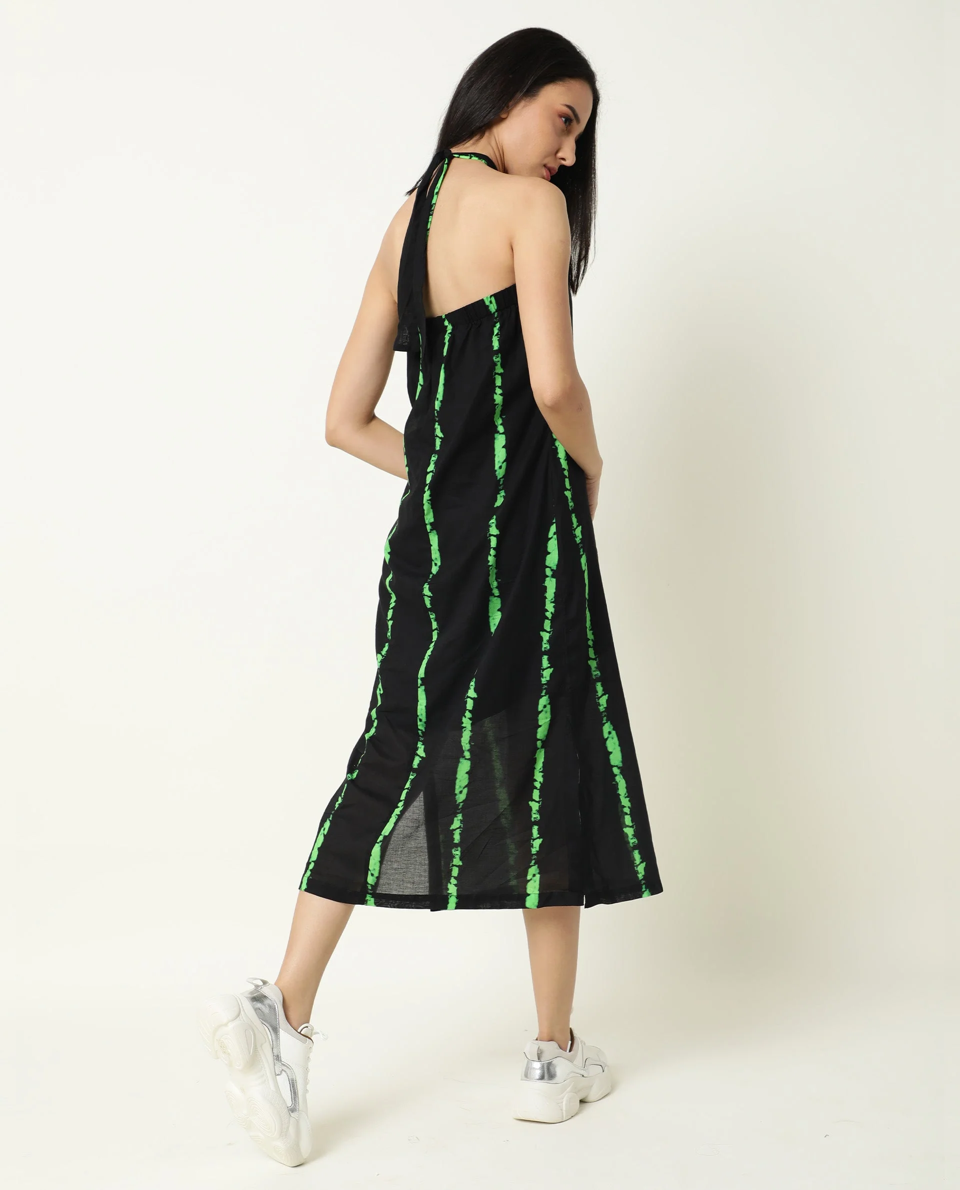 Rareism Women's Heron Black Cotton Halter Neck Abstract Print Sleeveless Knee Length Regular Fit Dress - Image 6