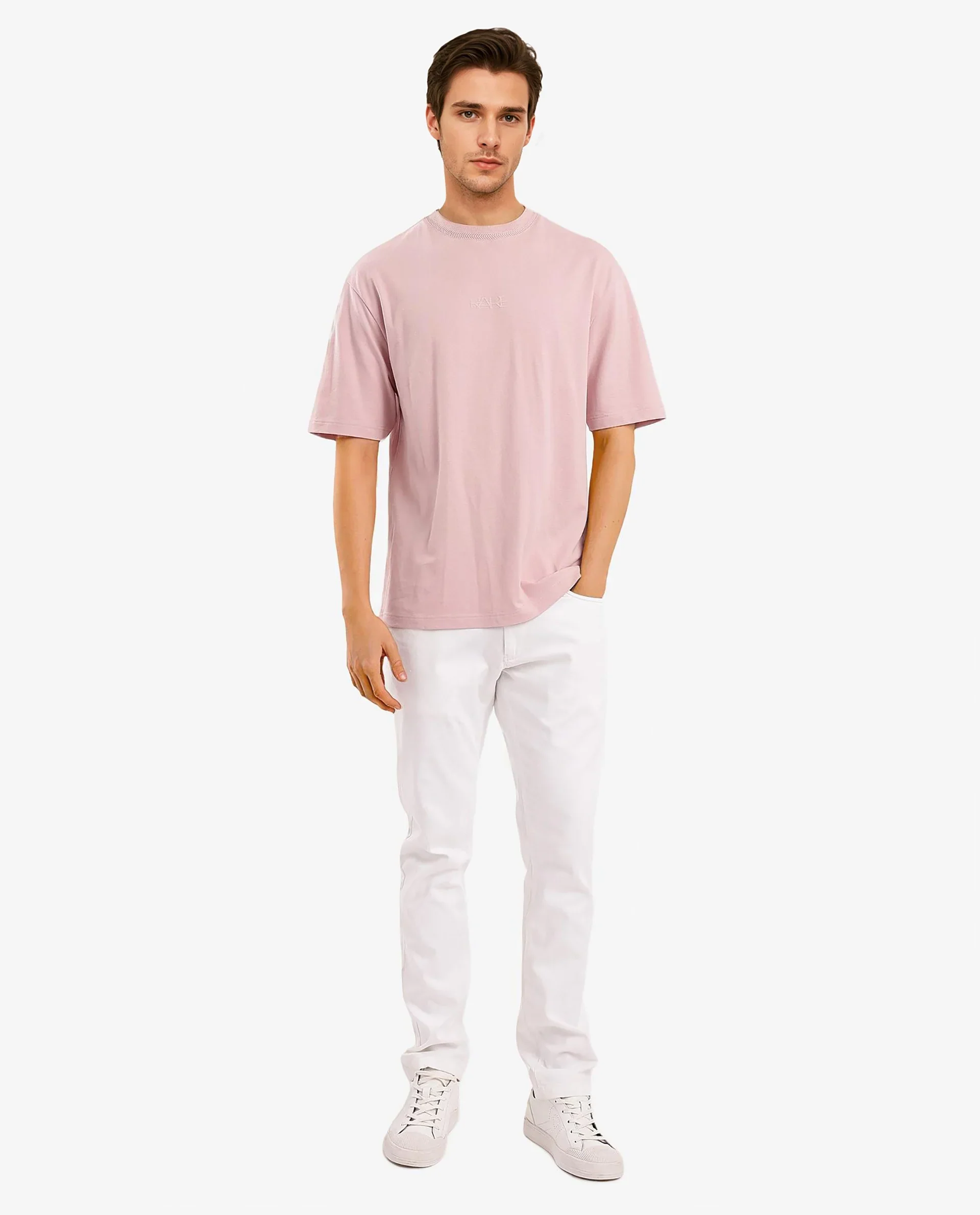 Rare Rabbit Men's Heros-1 Light Pink Cotton Blend Plain Oversized Fit Half Sleeve Crew Neck T-Shirt - Image 2