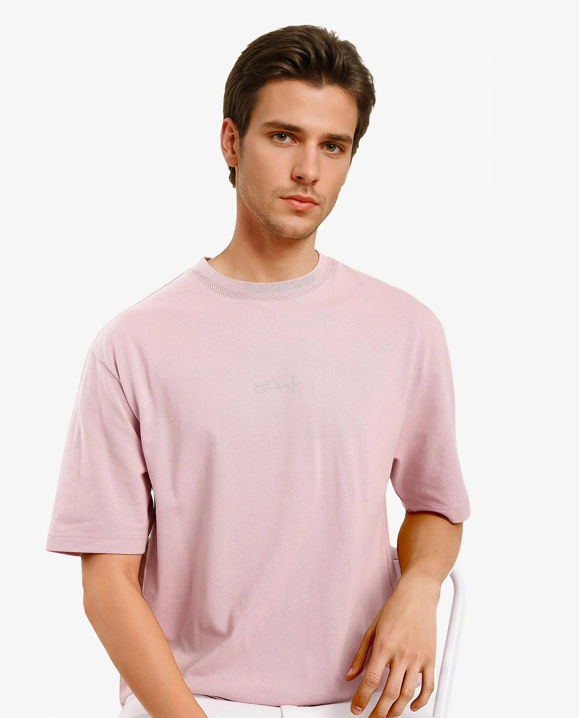 Rare Rabbit Men's Heros-1 Light Pink Cotton Blend Plain Oversized Fit Half Sleeve Crew Neck T-Shirt - Image 3