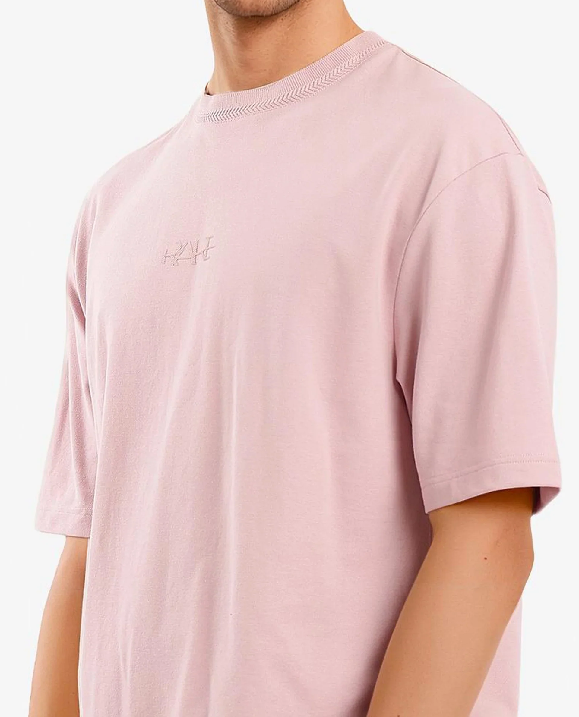 Rare Rabbit Men's Heros-1 Light Pink Cotton Blend Plain Oversized Fit Half Sleeve Crew Neck T-Shirt - Image 5