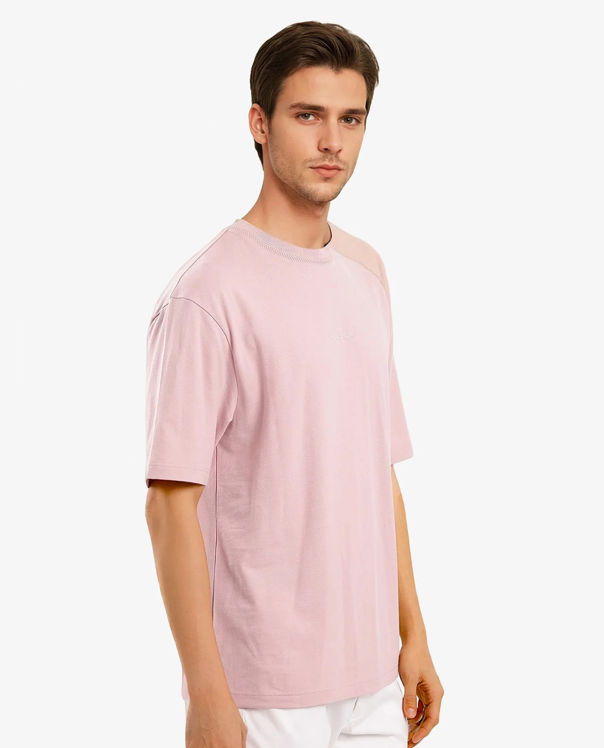 Rare Rabbit Men's Heros-1 Light Pink Cotton Blend Plain Oversized Fit Half Sleeve Crew Neck T-Shirt - Image 7