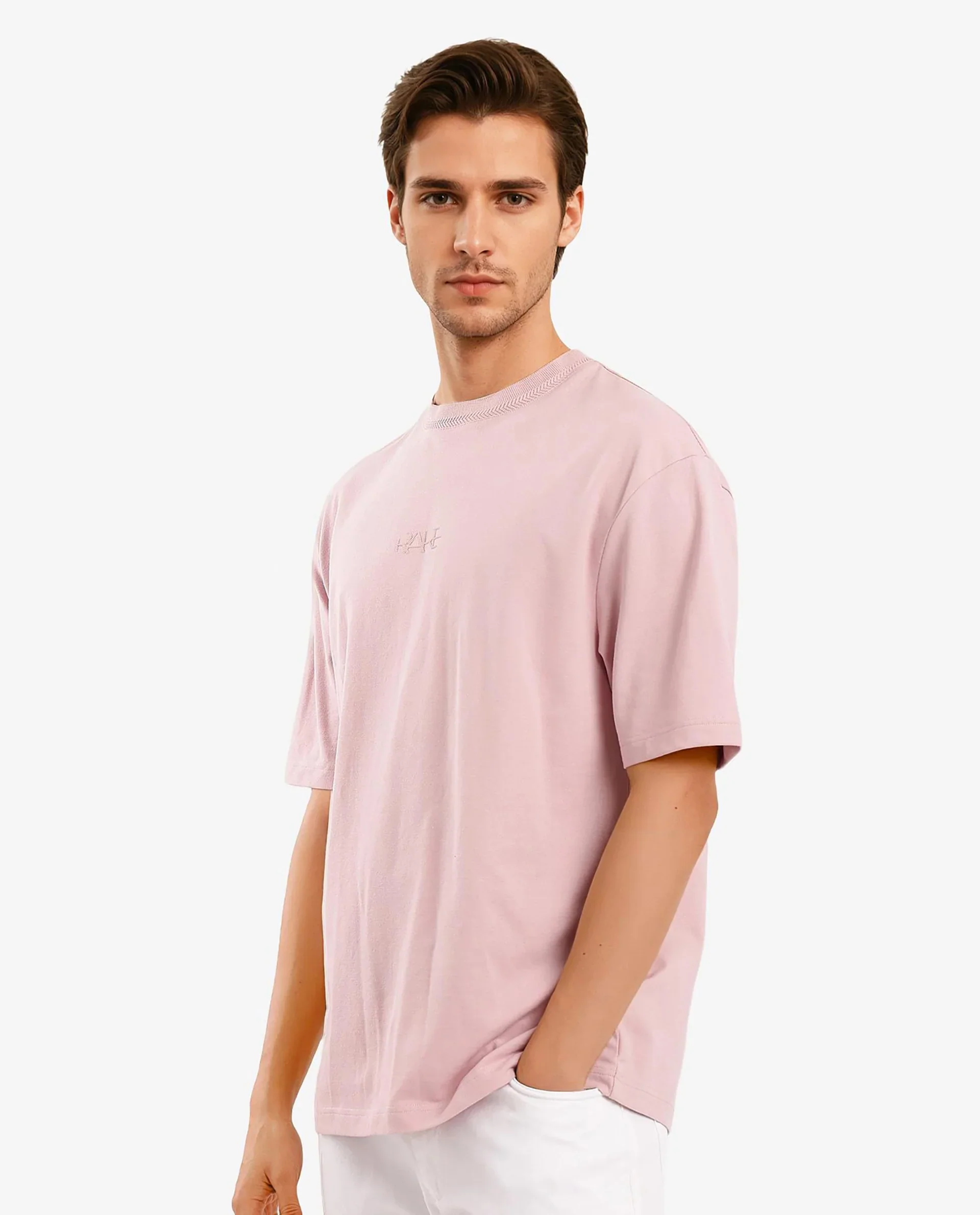 Rare Rabbit Men's Heros-1 Light Pink Cotton Blend Plain Oversized Fit Half Sleeve Crew Neck T-Shirt - Image 8