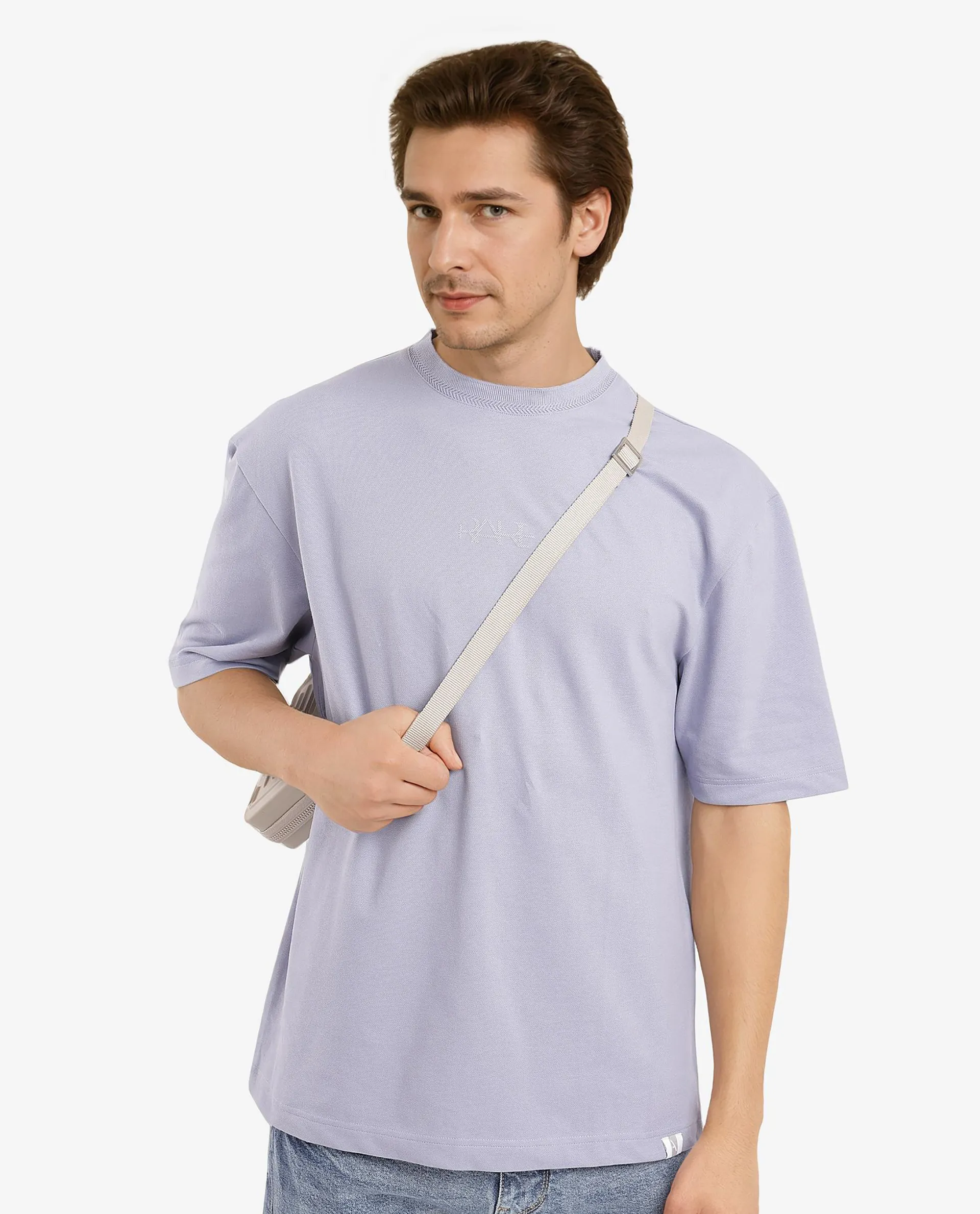 Rare Rabbit Men's Heros-1 Light Purple Cotton Plain Oversized Fit Half Sleeve Crew Neck T-Shirt - Image 3