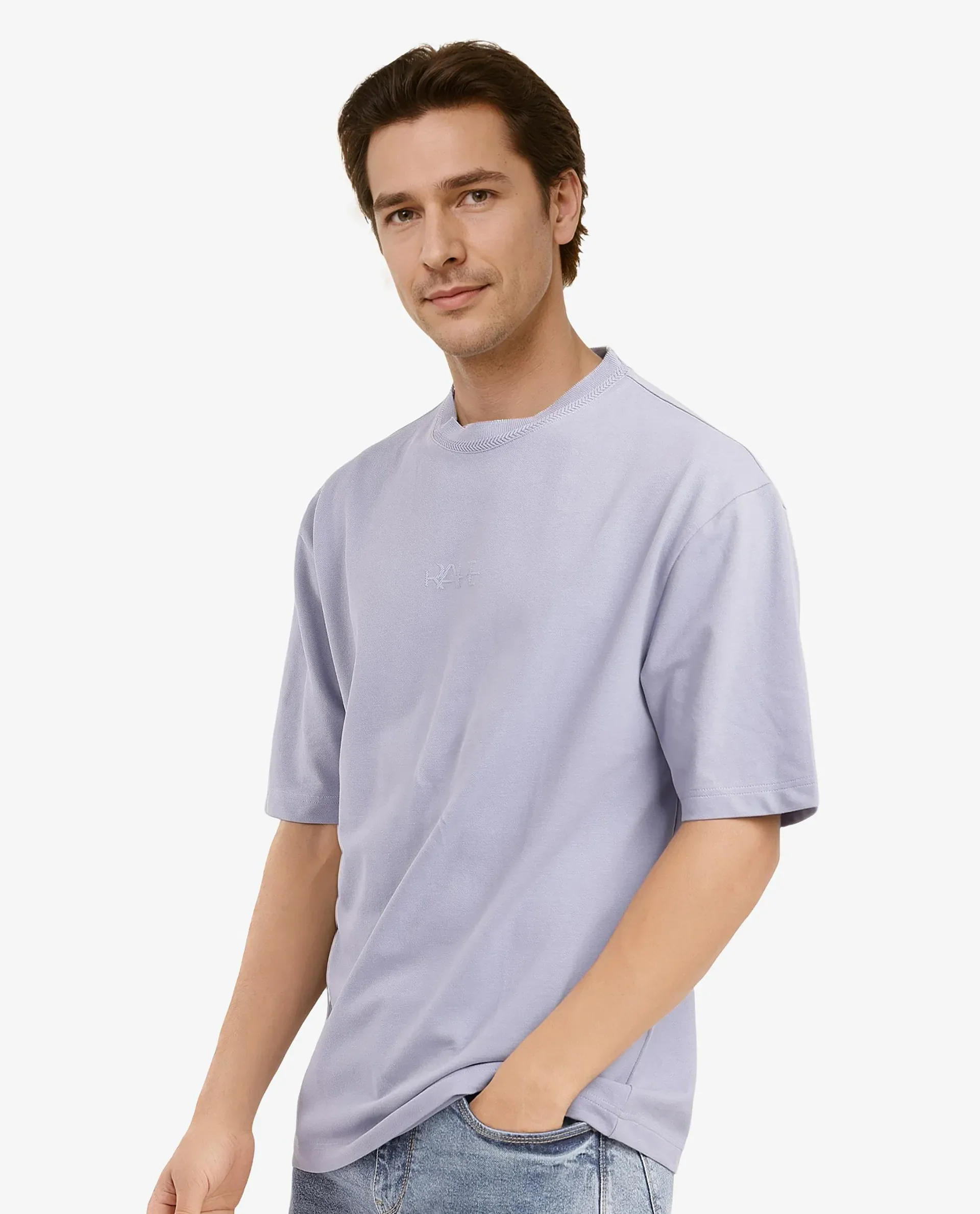 Rare Rabbit Men's Heros-1 Light Purple Cotton Plain Oversized Fit Half Sleeve Crew Neck T-Shirt - Image 6