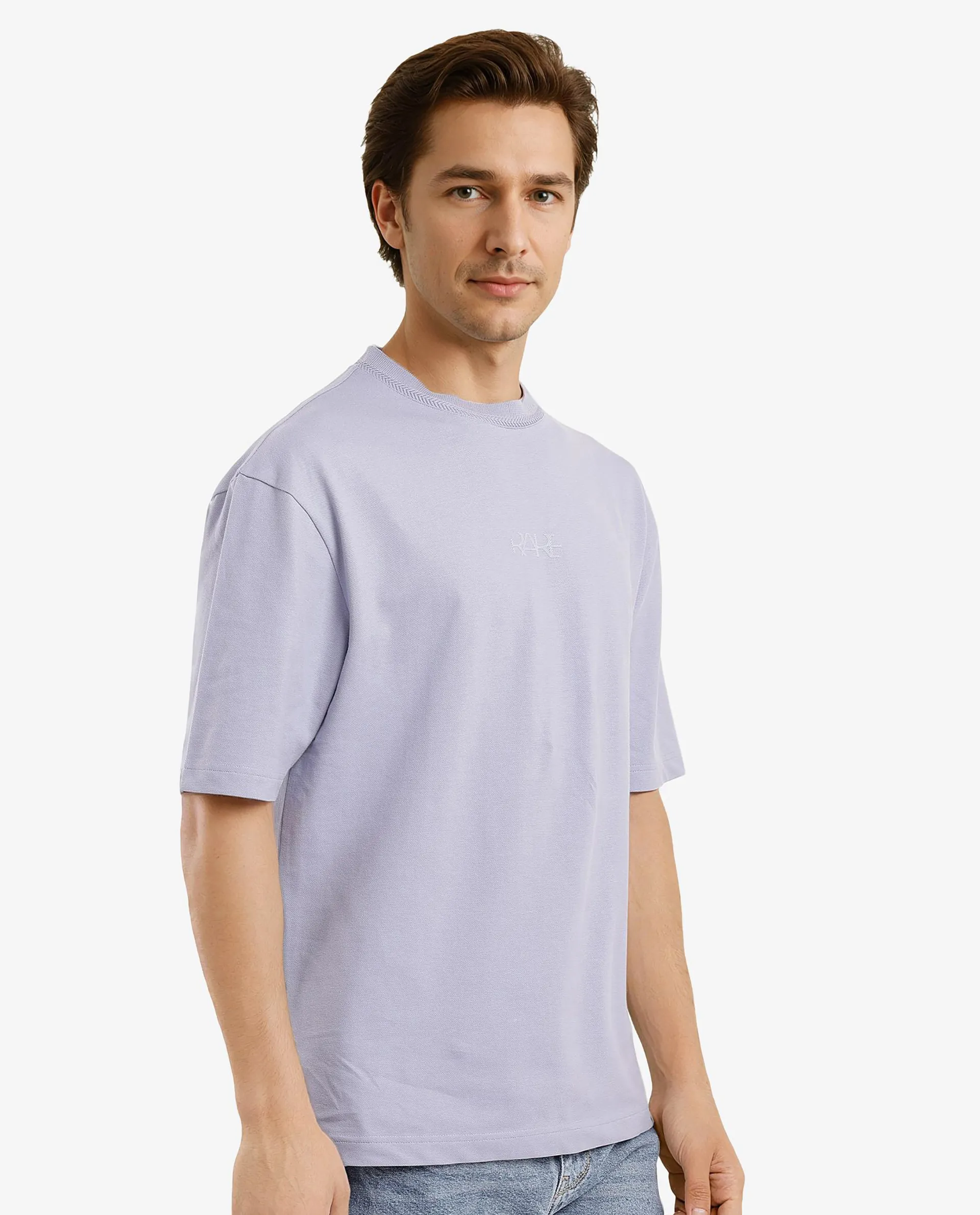 Rare Rabbit Men's Heros-1 Light Purple Cotton Plain Oversized Fit Half Sleeve Crew Neck T-Shirt - Image 7