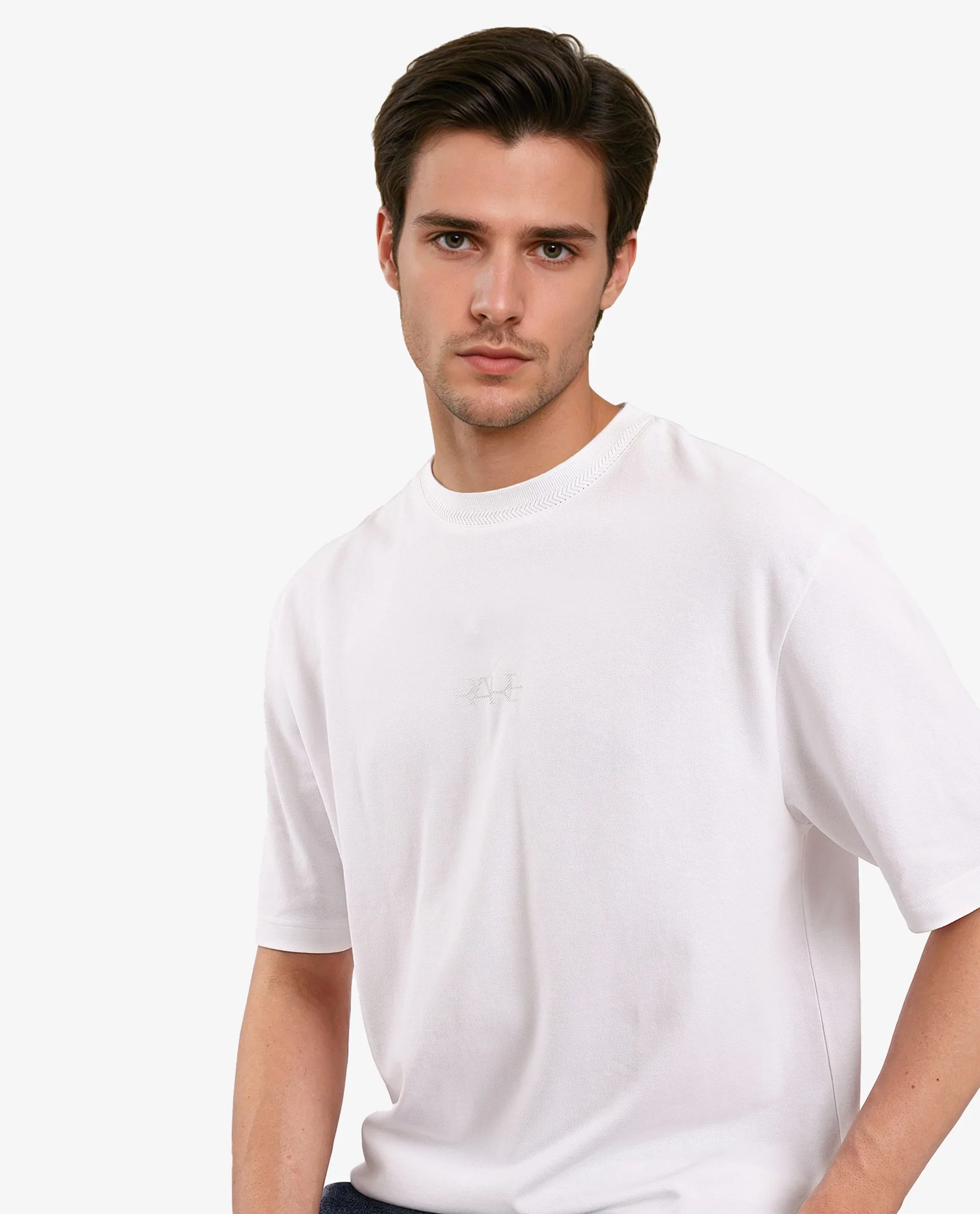 Rare Rabbit Men's Heros-1 White Cotton Blend Plain Oversized Fit Half Sleeve Crew Neck T-Shirt - Image 3