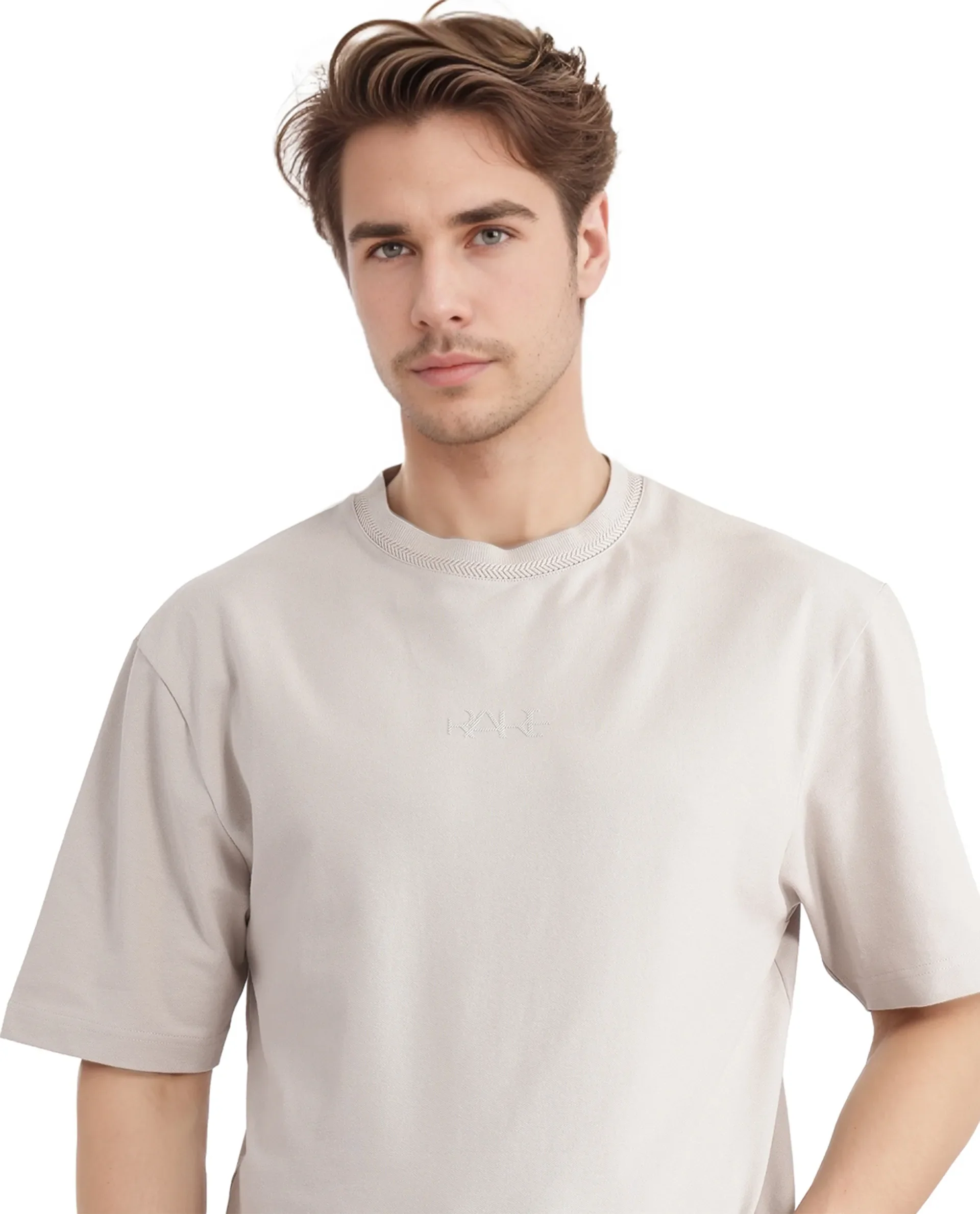 Rare Rabbit Men's Heros-2 Beige Cotton Plain Oversized Fit Half Sleeve Crew Neck T-Shirt - Image 8