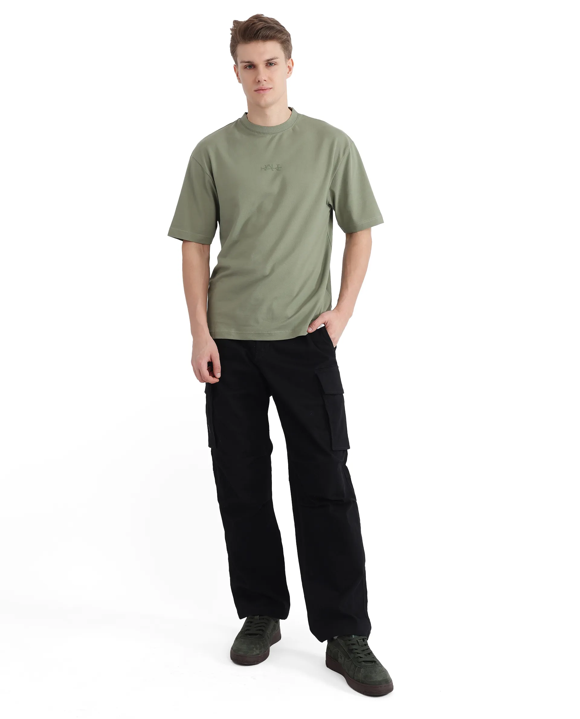 Rare Rabbit Men's Heros-2 Dusky Green Cotton Plain Oversized Fit Half Sleeve Crew Neck T-Shirt - Image 2