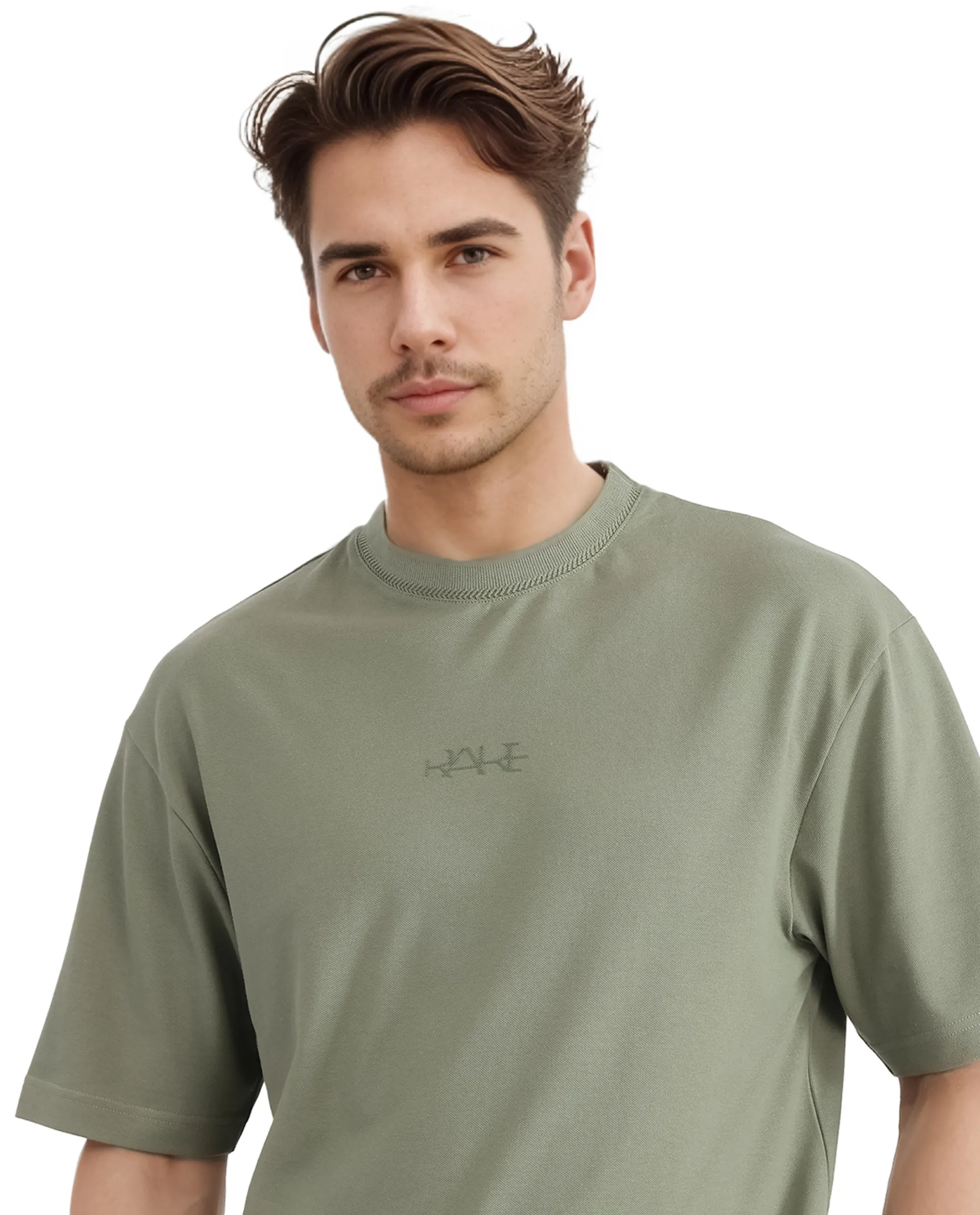 Rare Rabbit Men's Heros-2 Dusky Green Cotton Plain Oversized Fit Half Sleeve Crew Neck T-Shirt - Image 5