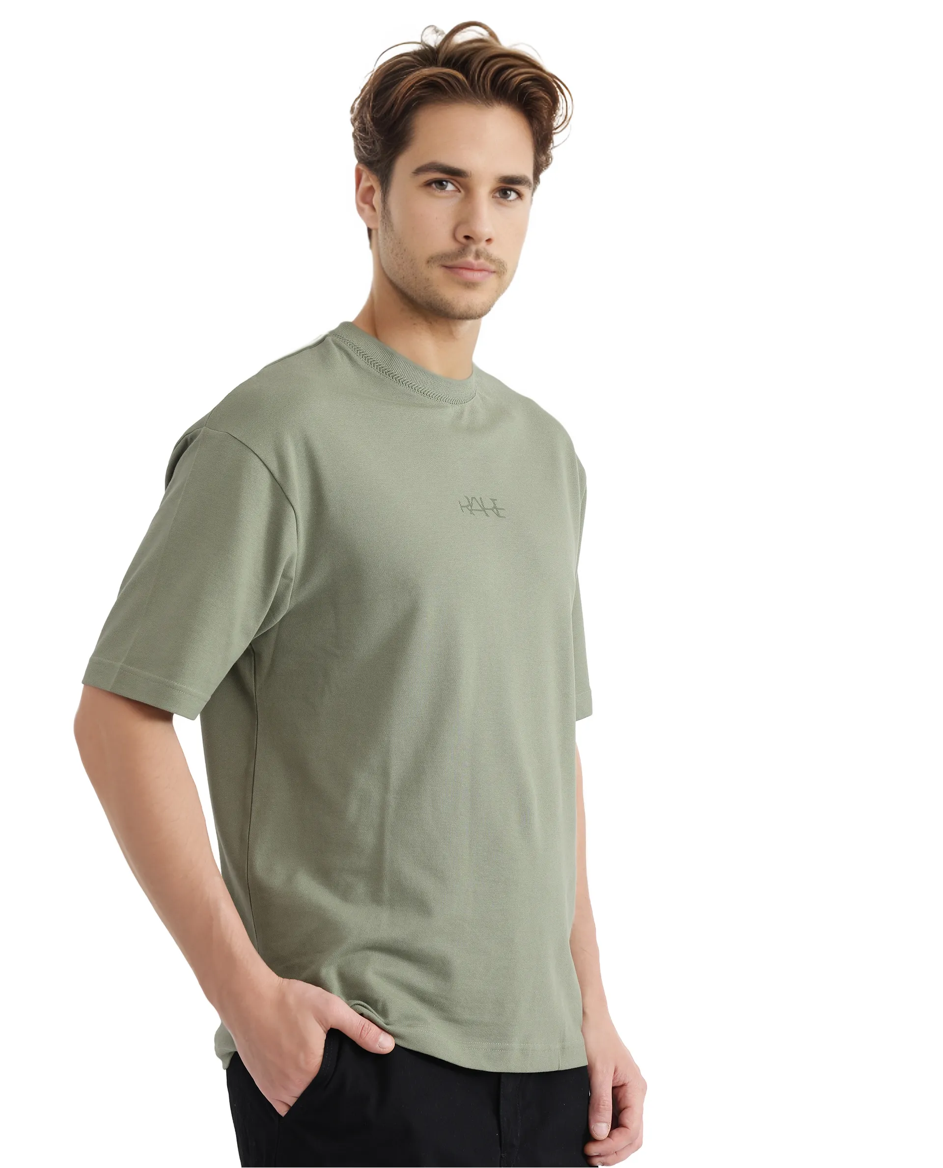 Rare Rabbit Men's Heros-2 Dusky Green Cotton Plain Oversized Fit Half Sleeve Crew Neck T-Shirt - Image 6