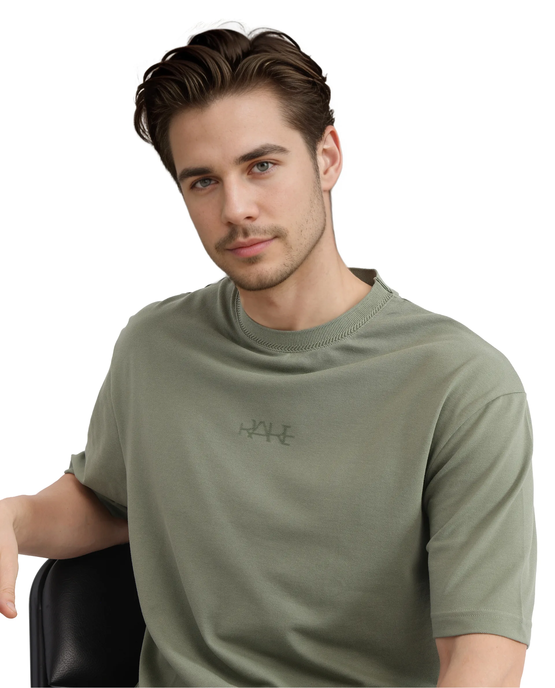 Rare Rabbit Men's Heros-2 Dusky Green Cotton Plain Oversized Fit Half Sleeve Crew Neck T-Shirt - Image 7