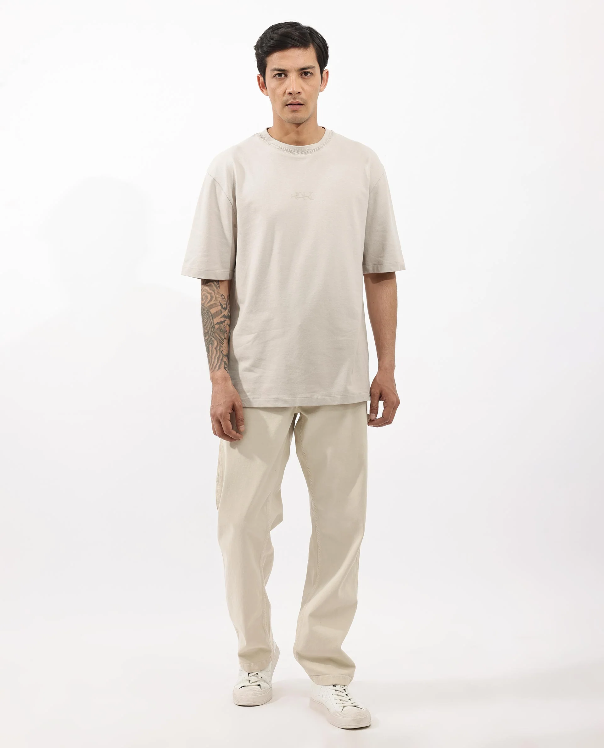 Rare Rabbit Mens Heros Beige Cotton Lycra Fabric Blend Drop Shoulder Short Sleeve Oversized Fit Solid T-Shirt - Image 2
